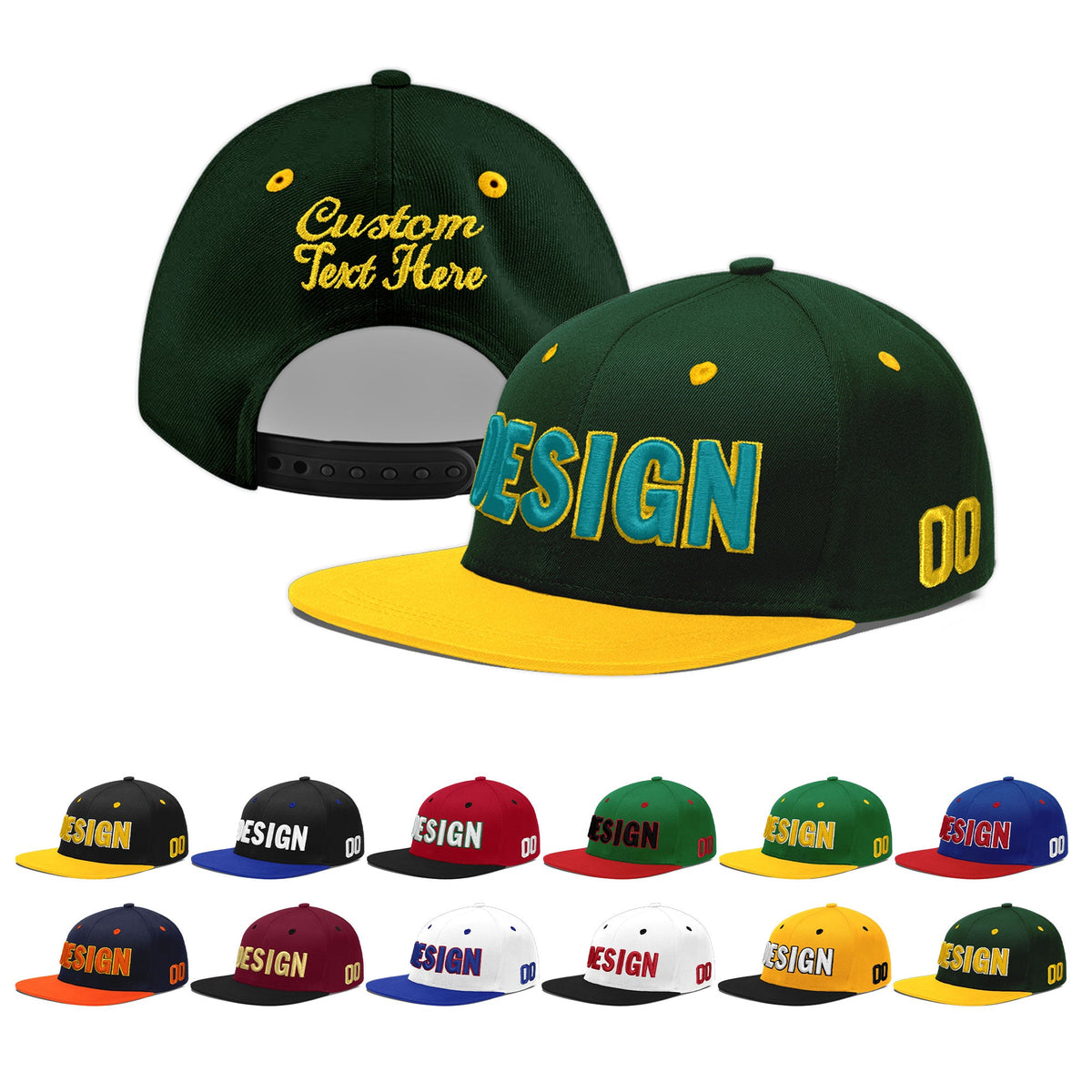 Custom Green Gold 3D Puff Embroidery Flat Embroidery Casual Sport Baseball Cap