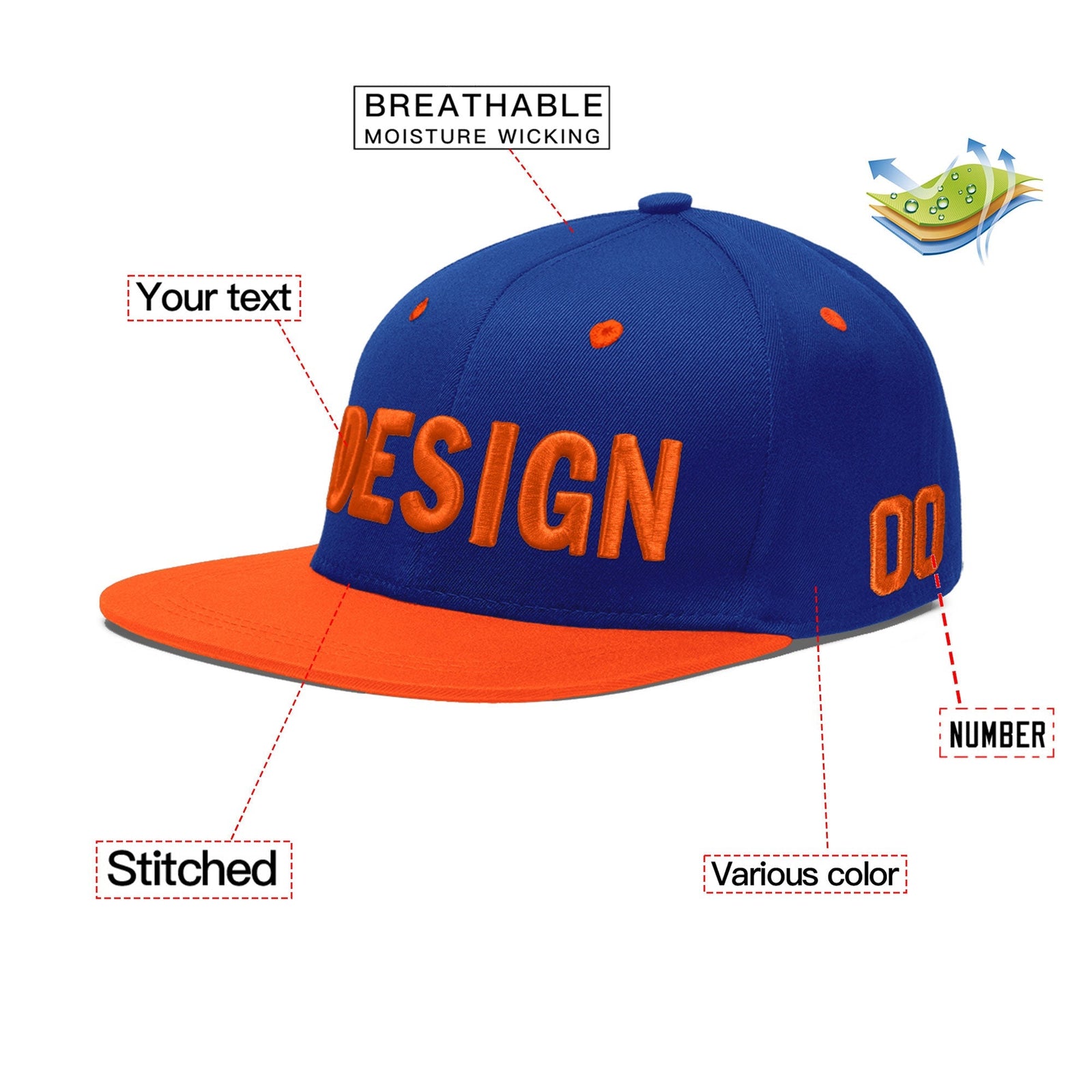 Custom Royal Blue Orange 3D Puff Embroidery Flat Embroidery Casual Sport Baseball Cap