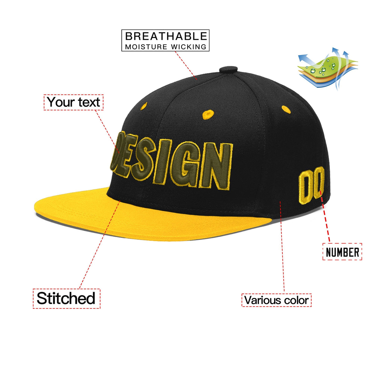 Custom Black Gold 3D Puff Embroidery Flat Embroidery Casual Sport Baseball Cap