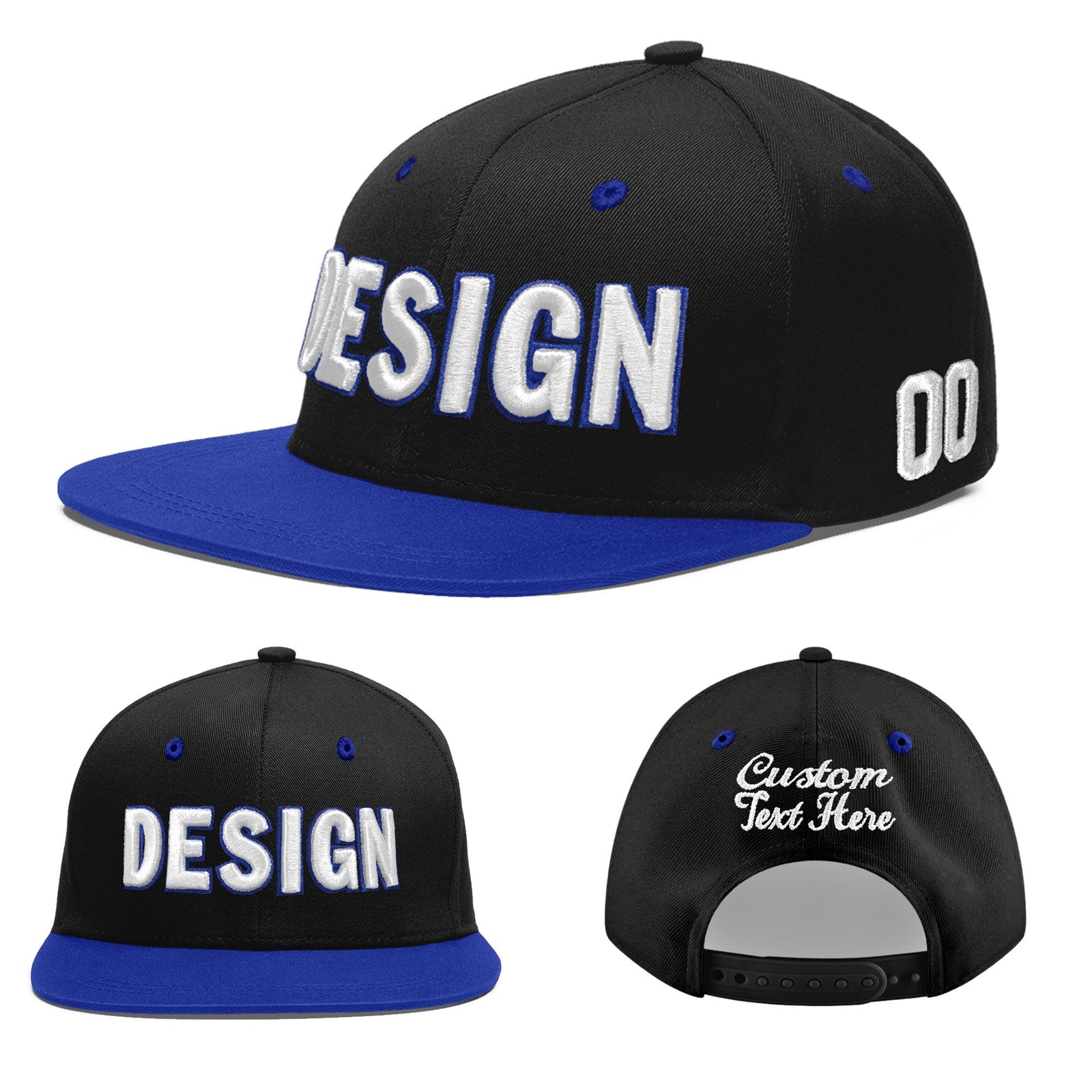 Custom Black Royal Blue 3D Puff Embroidery Flat Embroidery Casual Sport Baseball Cap