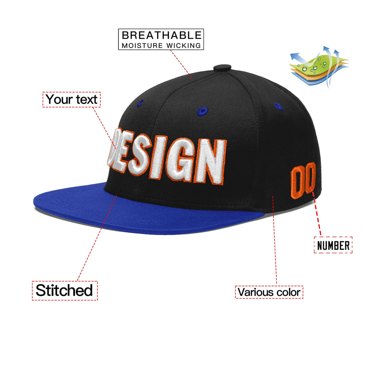 Custom Black Royal Blue 3D Puff Embroidery Flat Embroidery Casual Sport Baseball Cap
