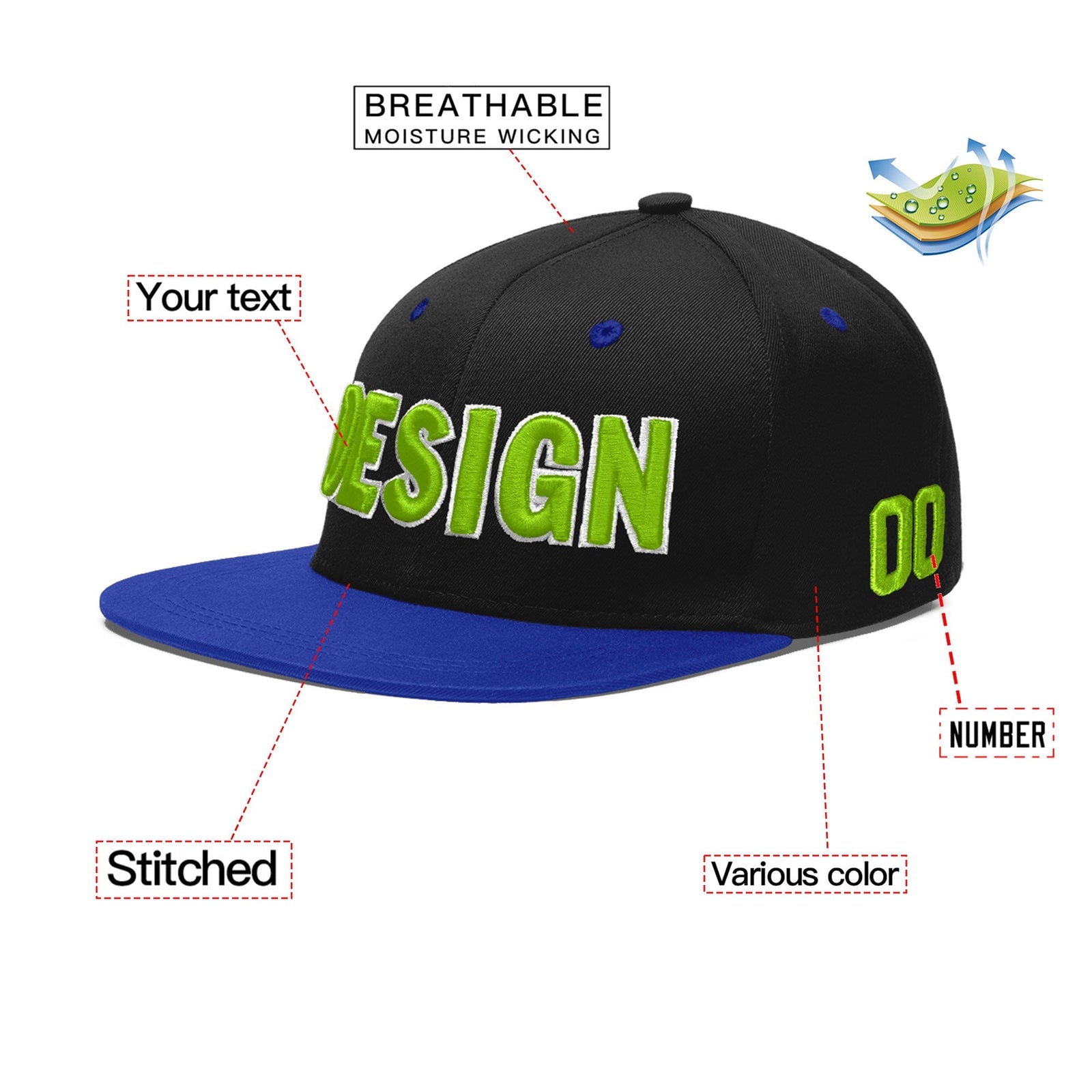 Custom Black Royal Blue 3D Puff Embroidery Flat Embroidery Casual Sport Baseball Cap