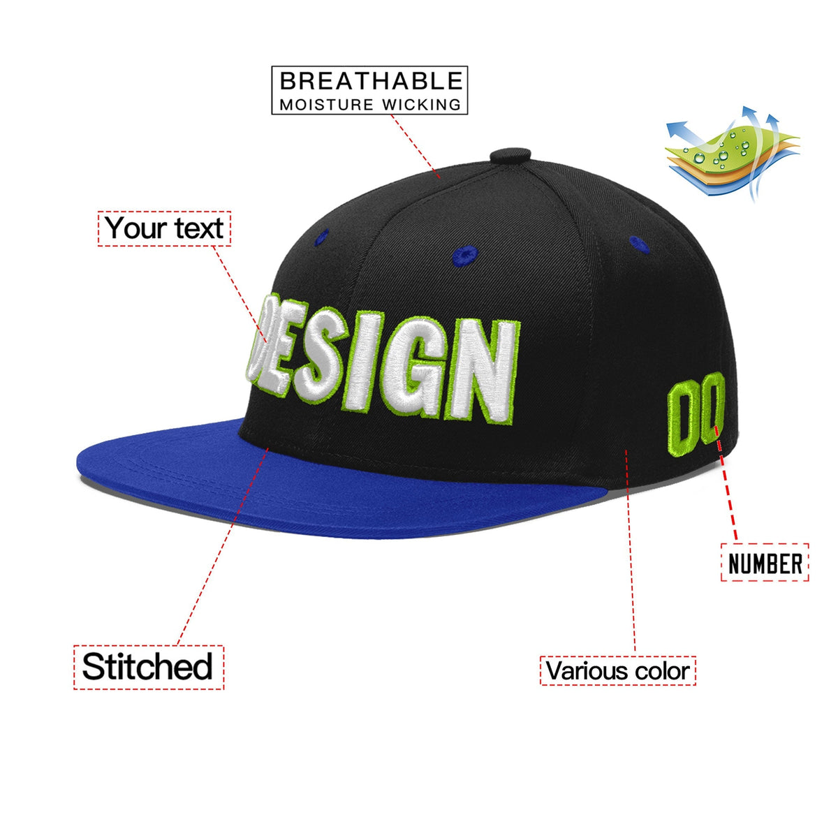 Custom Black Royal Blue 3D Puff Embroidery Flat Embroidery Casual Sport Baseball Cap