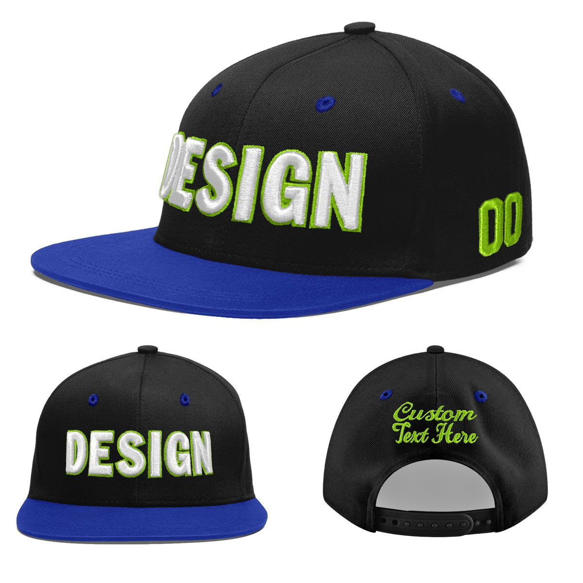 Custom Black Royal Blue 3D Puff Embroidery Flat Embroidery Casual Sport Baseball Cap