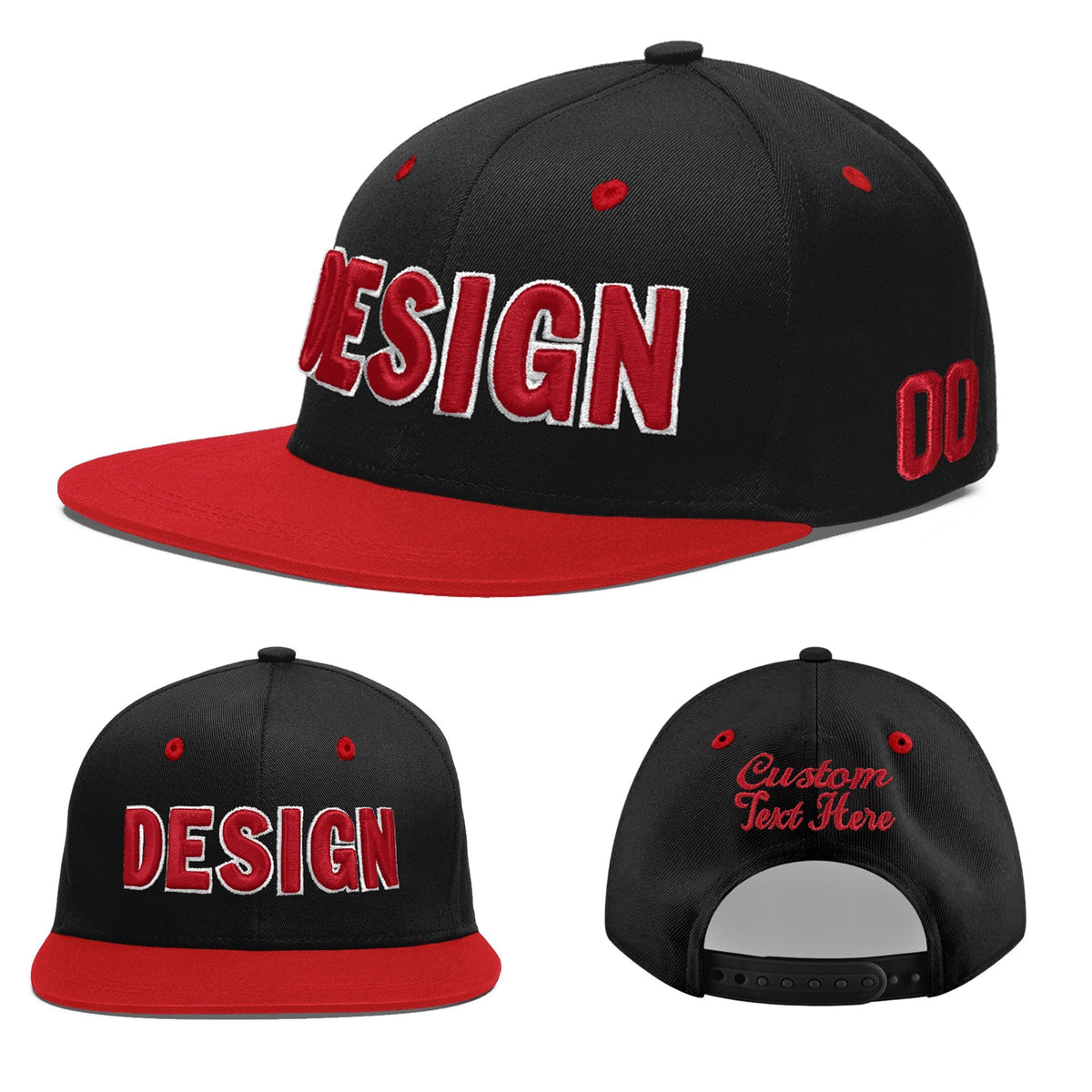 Custom Black Red 3D Puff Embroidery Flat Embroidery Casual Sport Baseball Cap