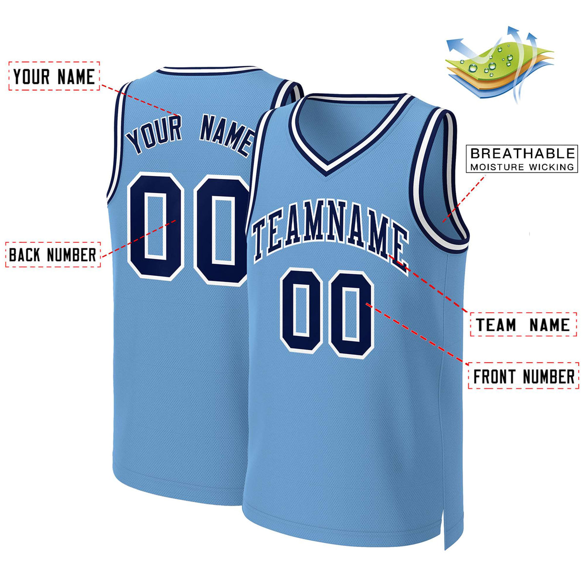 Custom Light Blue Navy-White Classic Tops Basketball Jersey