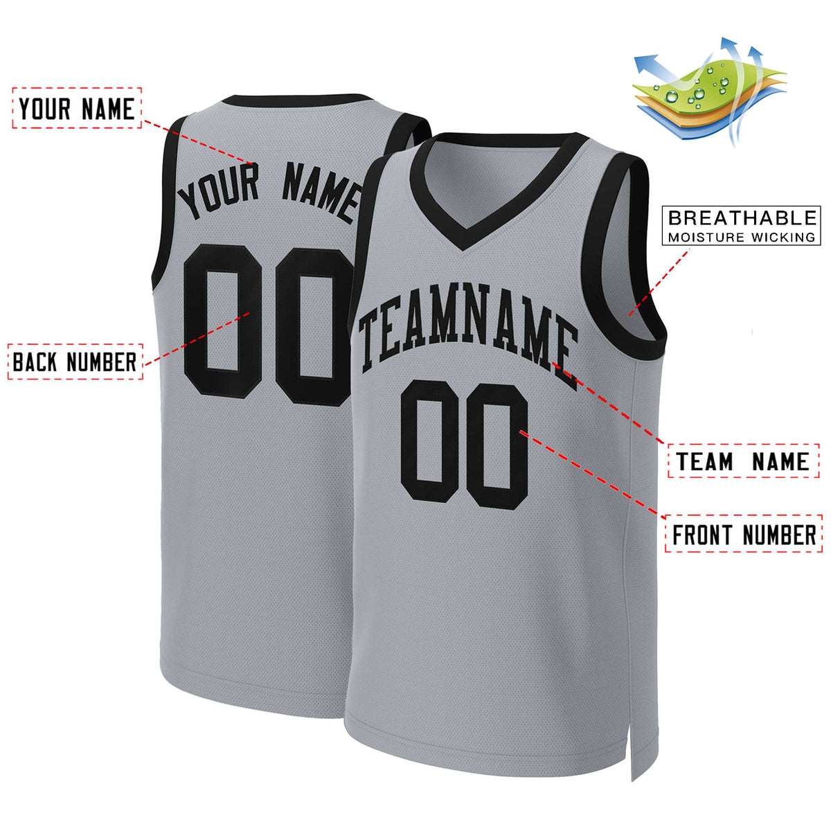 Custom Gray Black Classic Tops Basketball Jersey
