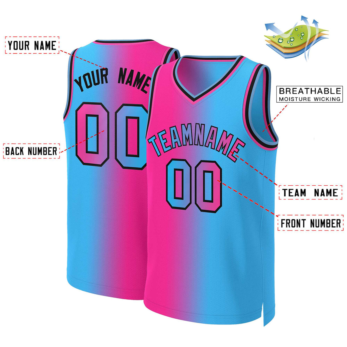 Custom Pink Blue-Black Gradient Fashion Tops Basketball Jersey