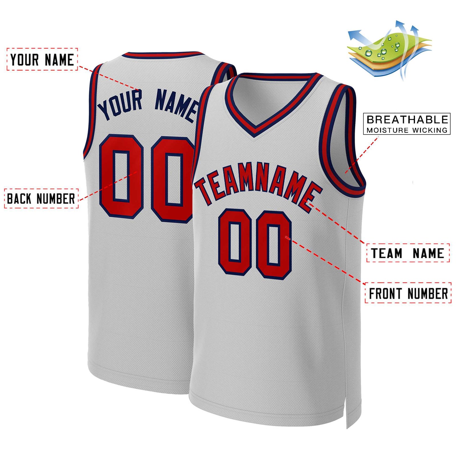Custom Gray Red-Navy Classic Tops Basketball Jersey