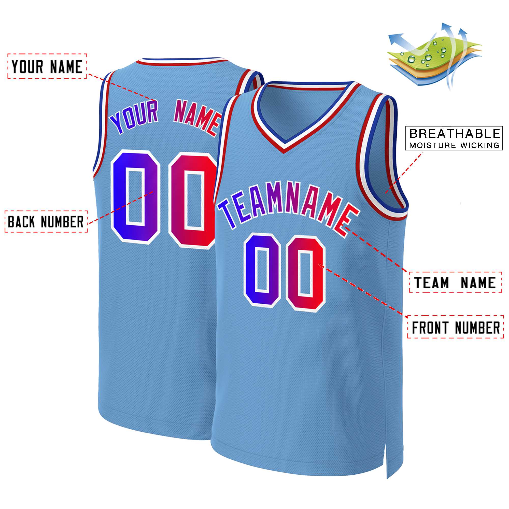 Custom Light Blue Blue-White Classic Gradient Fashion Tops Basketball Jersey