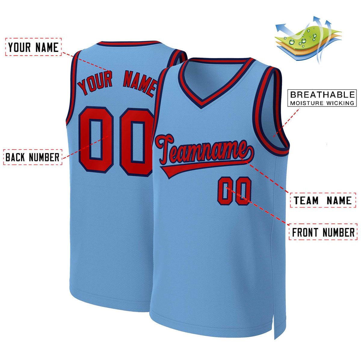 Custom Light Blue Red-Navy Classic Tops Basketball Jersey