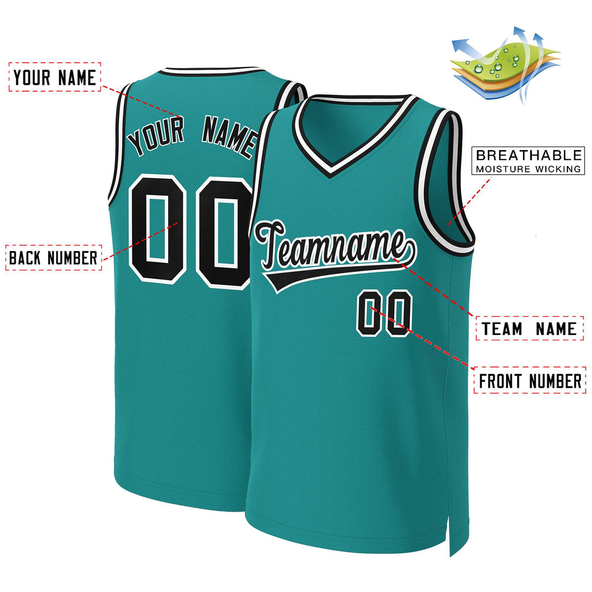 Custom Teal Black-White Classic Tops Basketball Jersey