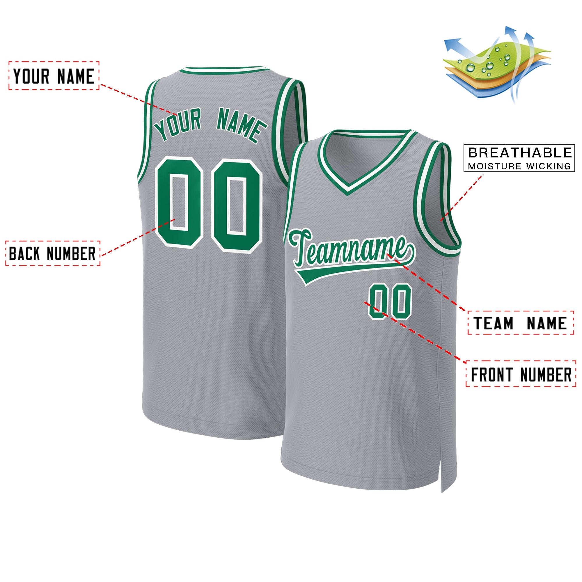 Custom Gray Kelly Green-White Classic Tops Basketball Jersey