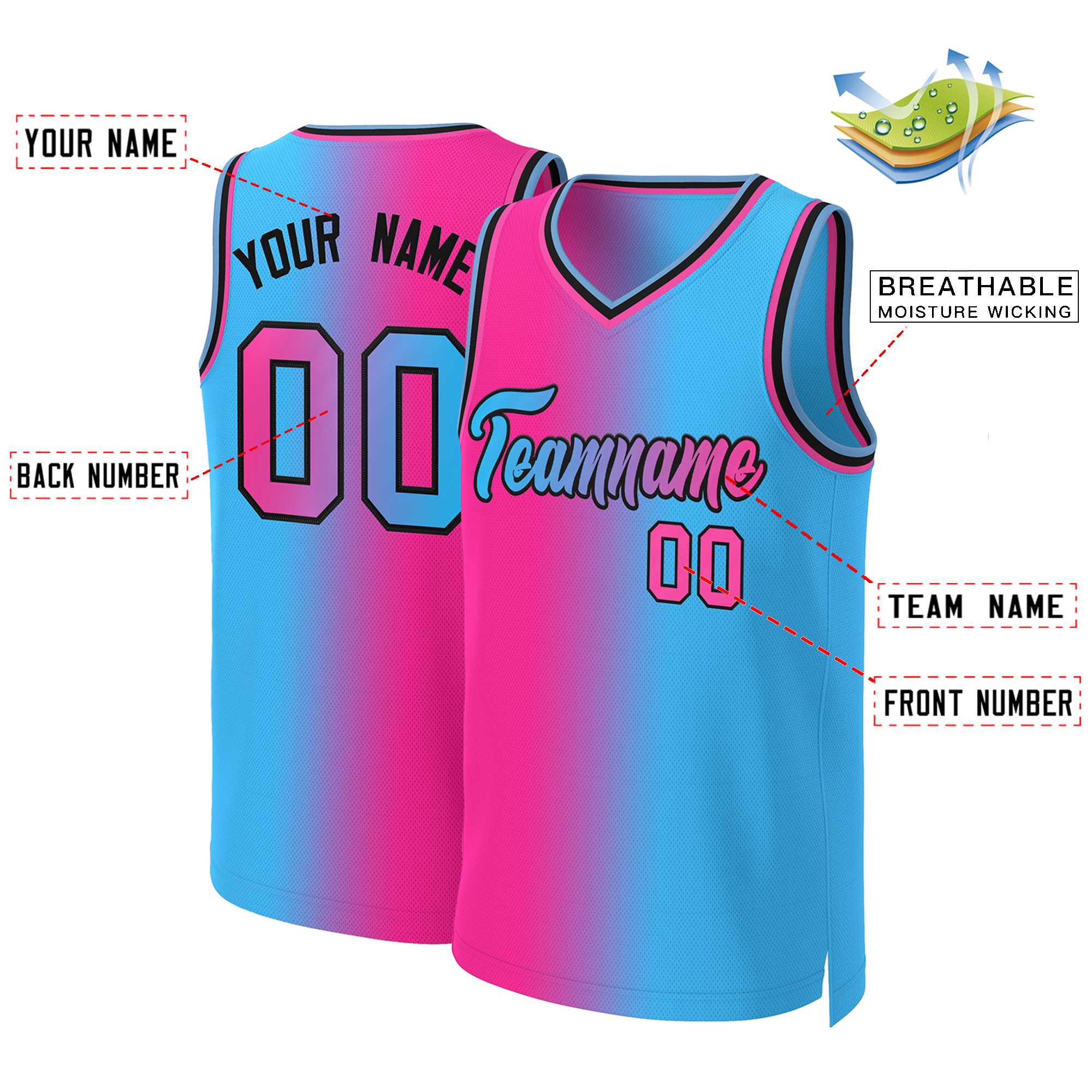 Custom Pink Blue-Black Gradient Fashion Tops Basketball Jersey