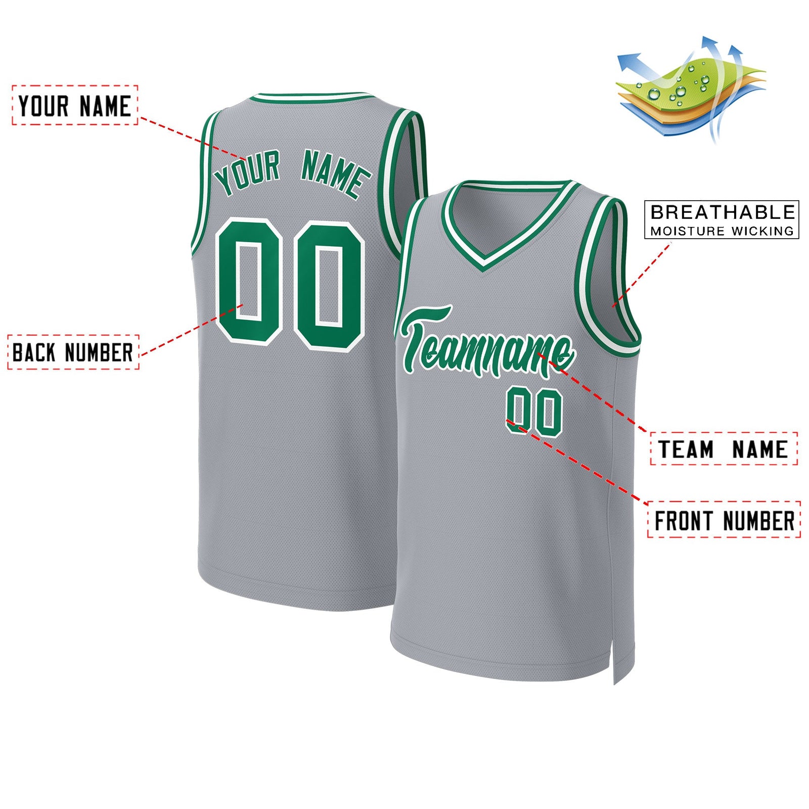 Custom Gray Kelly Green-White Classic Tops Basketball Jersey
