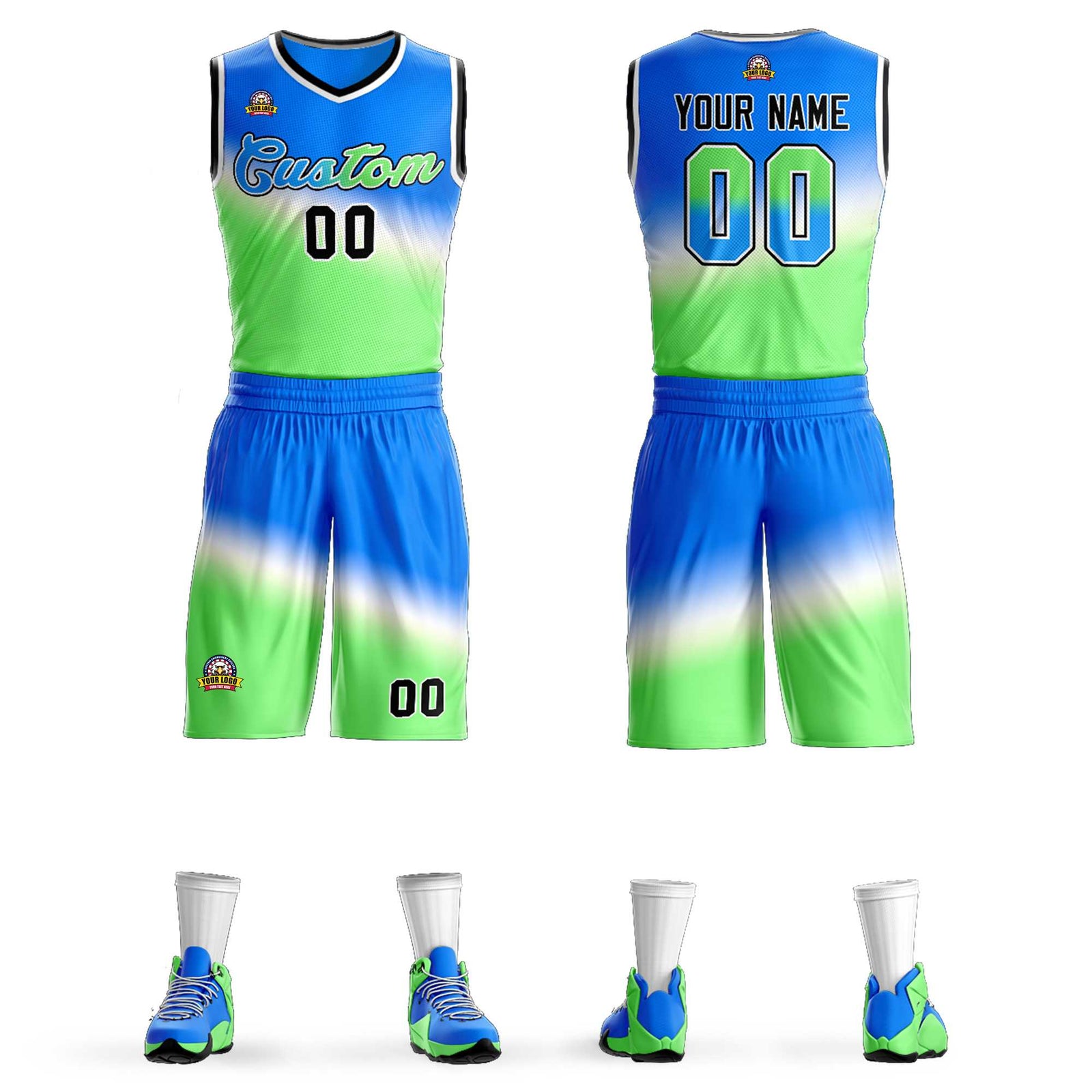 Custom Blue Green-Blue Gradient Fashion Sets Slash Basketball Jersey
