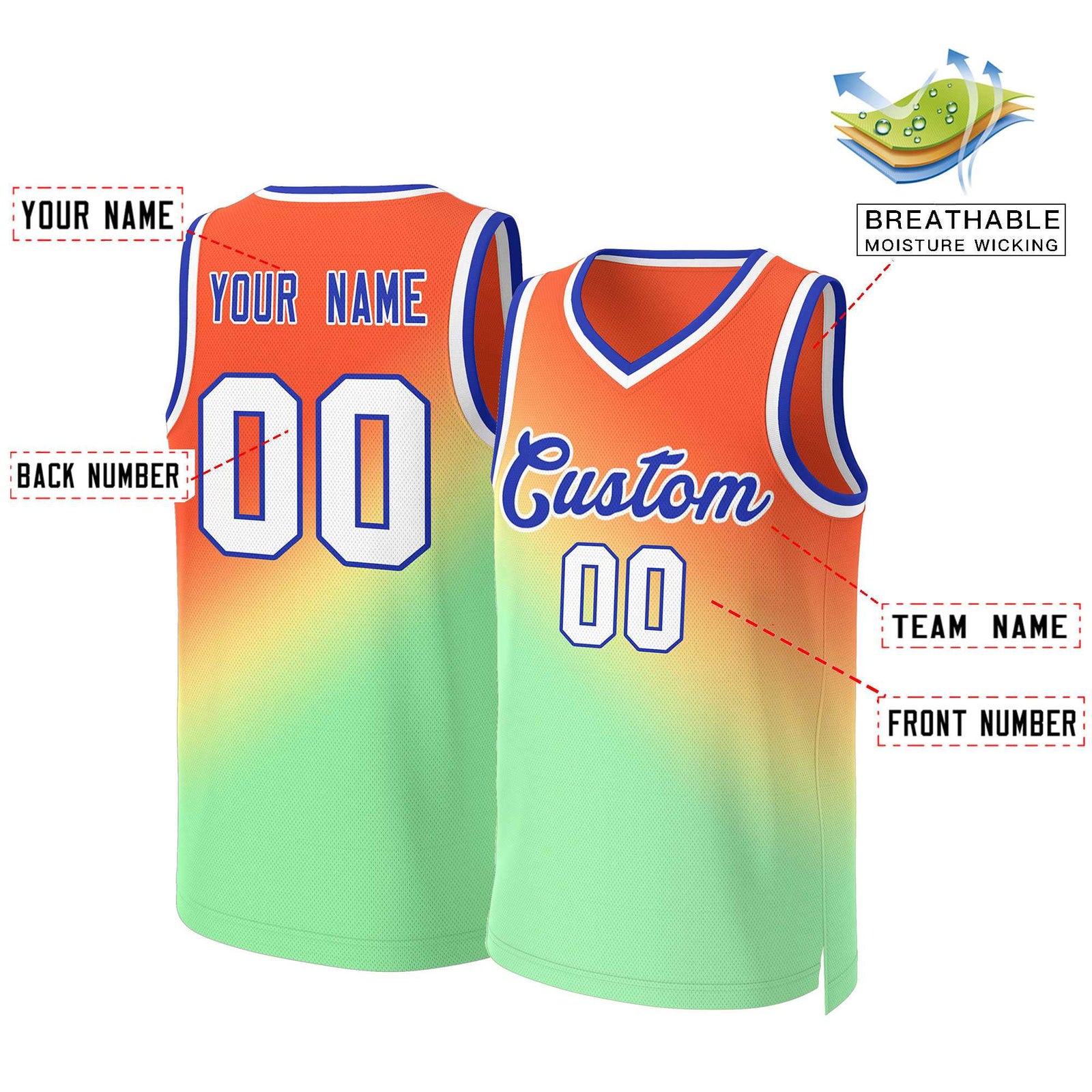 Custom Orange Green-Royal Gradient Fashion Tops Slash Basketball Jersey