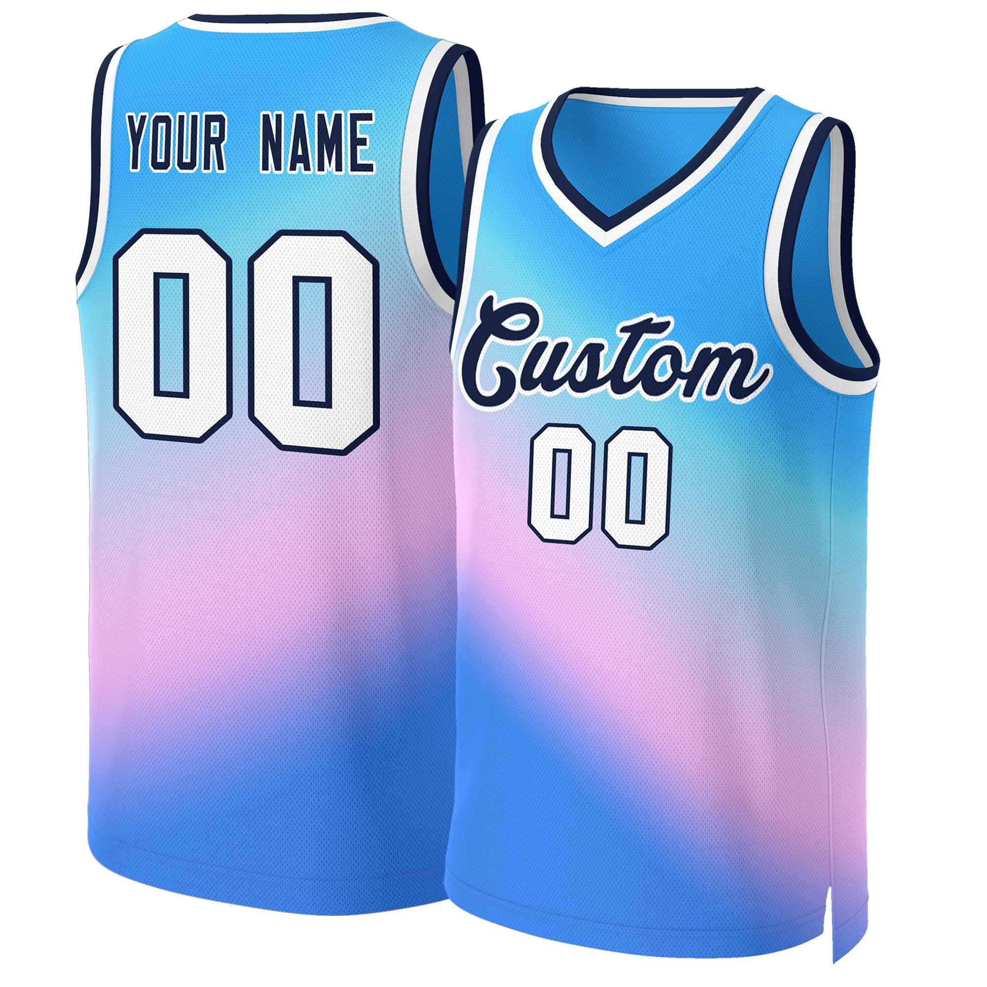 Custom Powder Blue Powder Blue-Navy Gradient Fashion Tops Slash Basketball Jersey