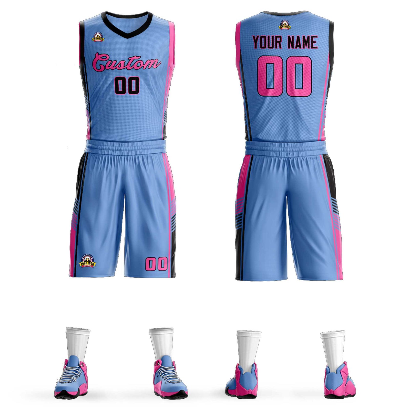 Custom Light Blue Black-Pink Classic Sets Sports Uniform Basketball Jersey