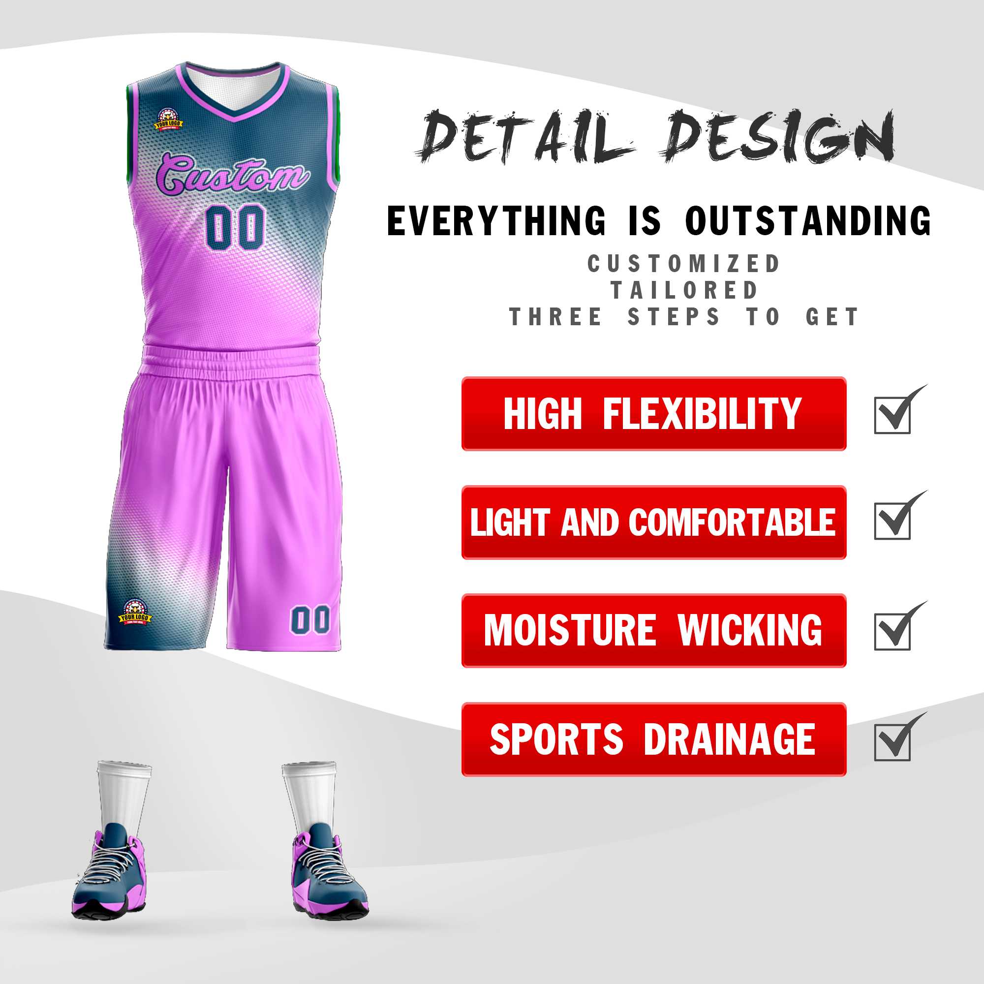 Custom Gray Pink Gradient Fashion Sports Uniform Basketball Jersey
