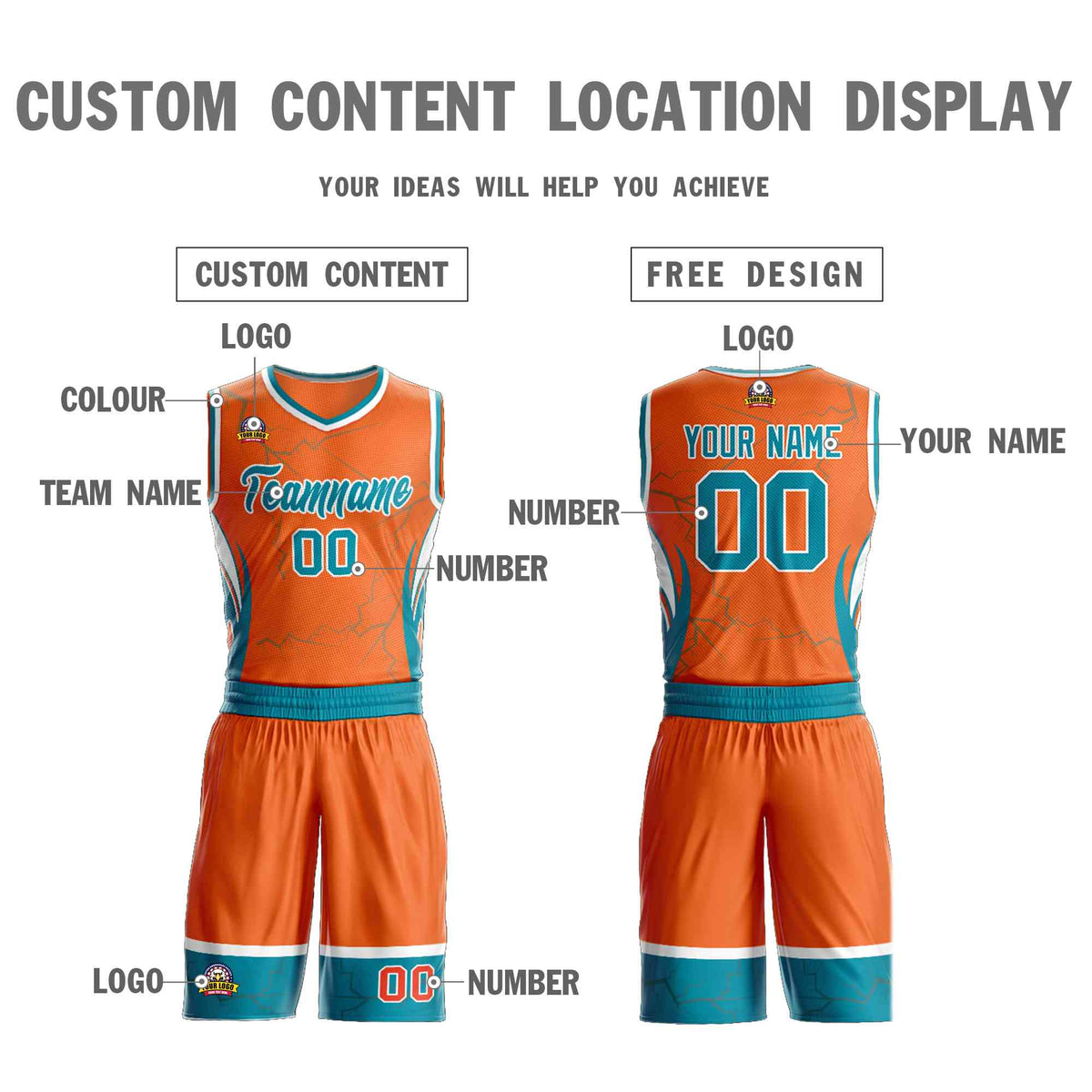 Custom Orange Teal-White Graffiti Pattern Sets Lightning Basketball Jersey