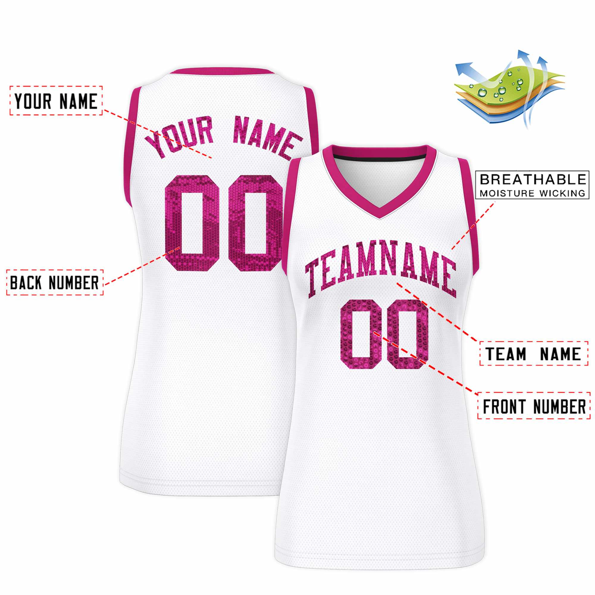 Custom White Pink Women Basketball Jersey Sequined Dress