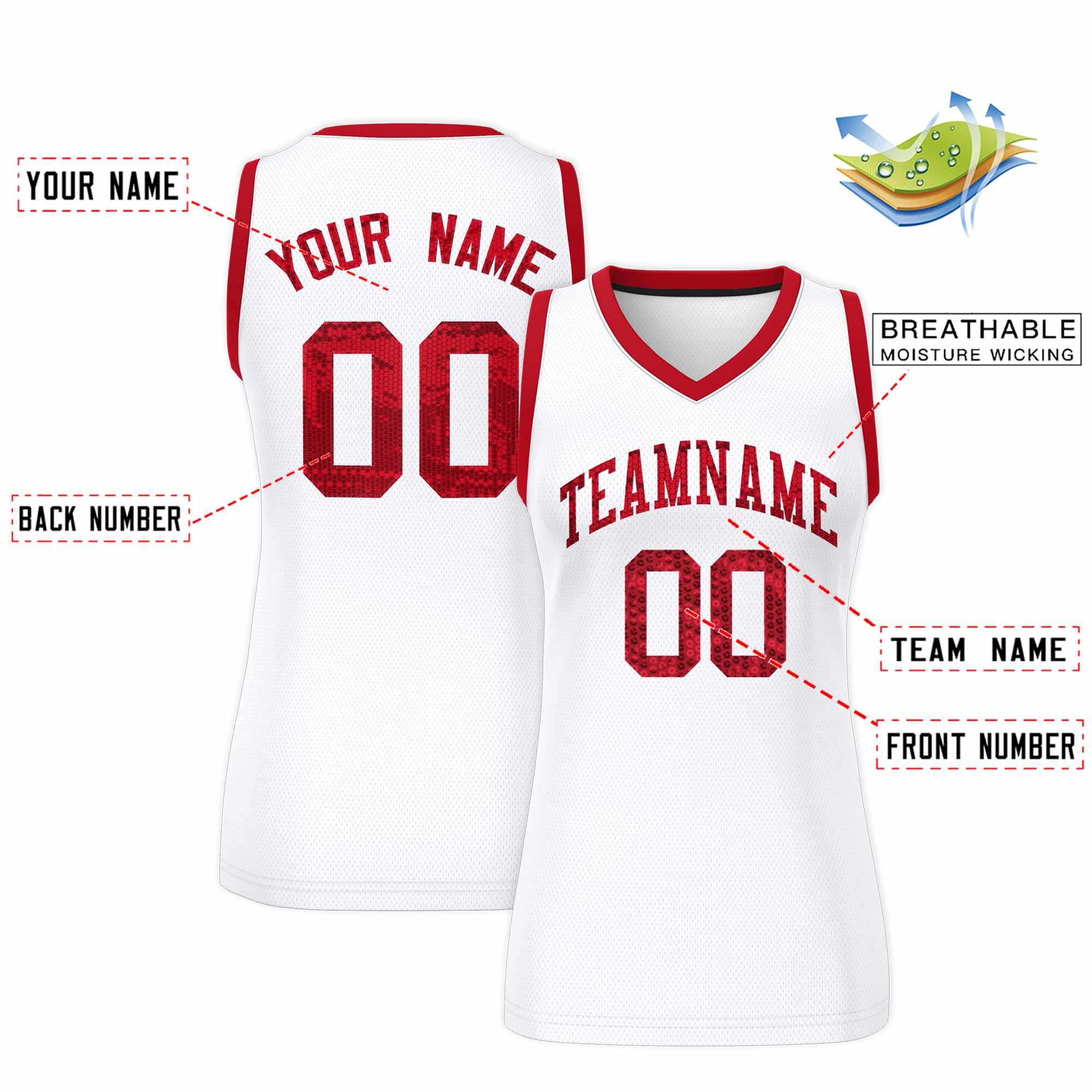 Custom White Red Women Basketball Jersey Sequined Dress