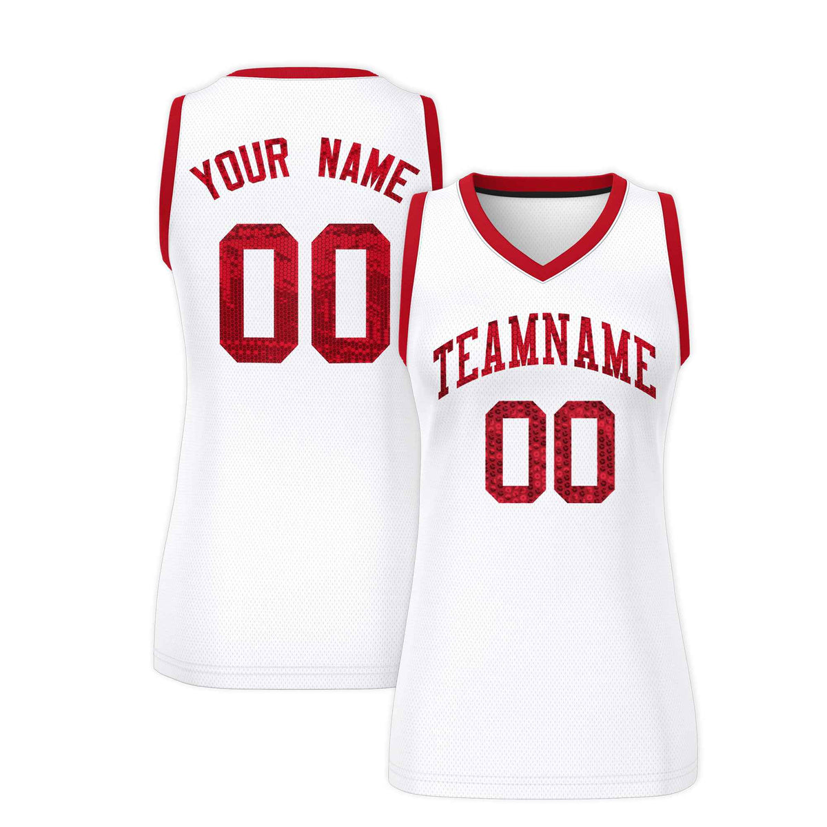 Custom White Red Women Basketball Jersey Sequined Dress