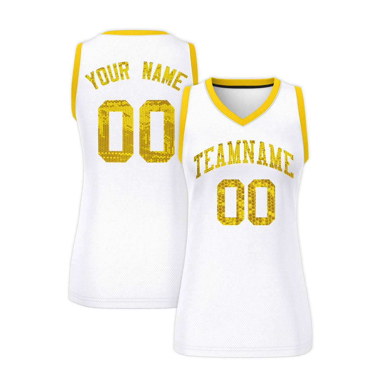 Custom White Gold Women Basketball Jersey Sequined Dress