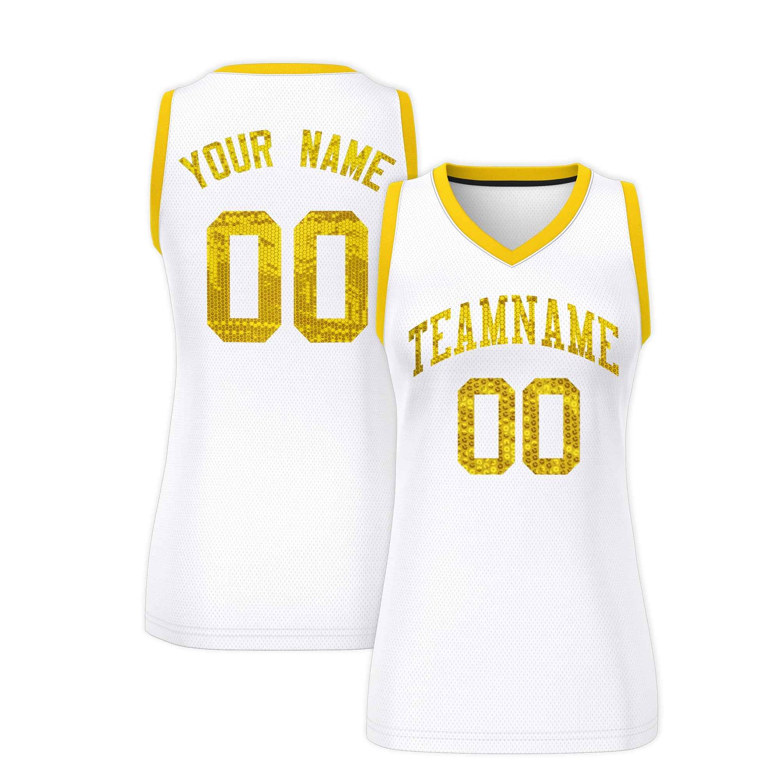 Custom White Gold Women Basketball Jersey Sequined Dress