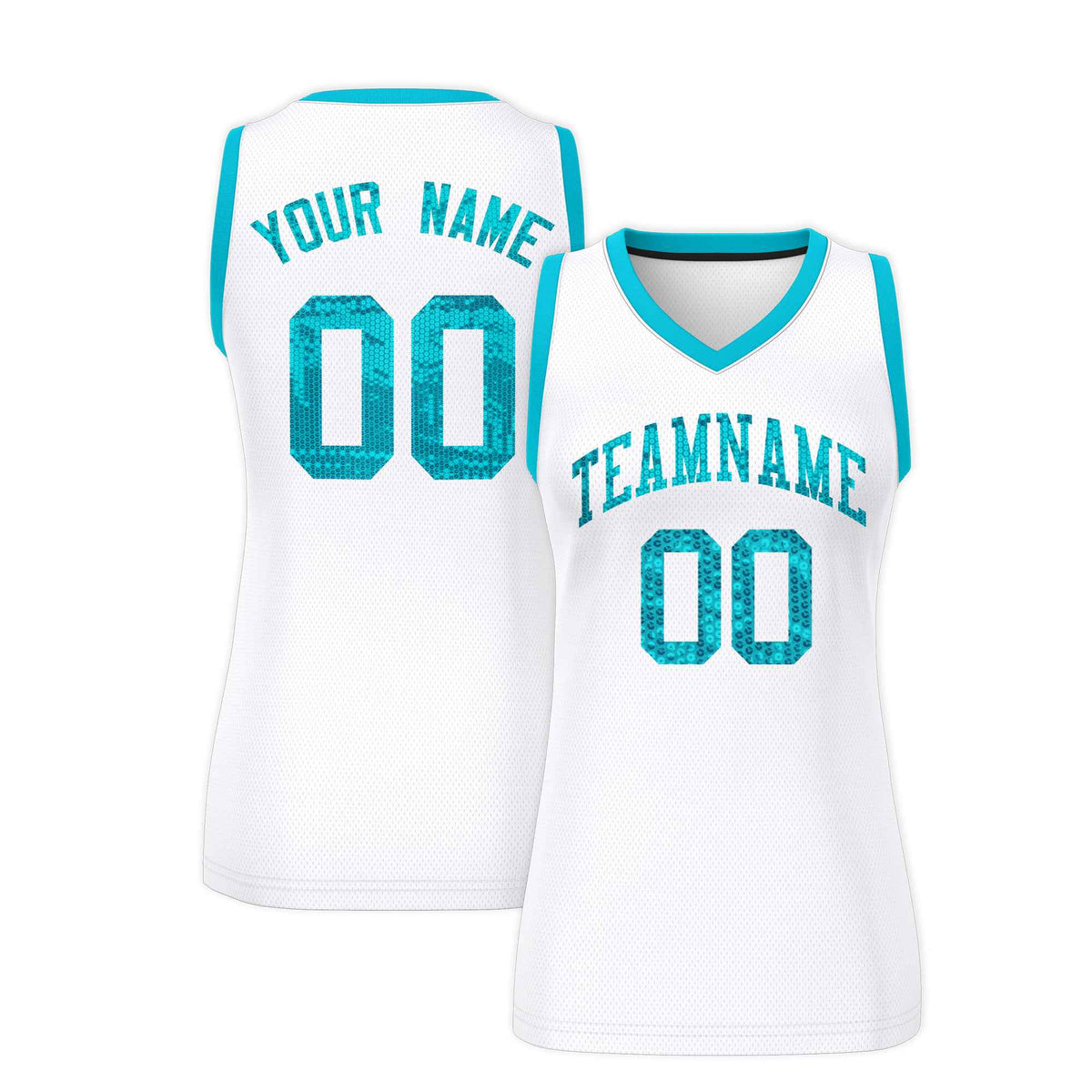 Custom White Sky Blue Women Basketball Jersey Sequined Dress