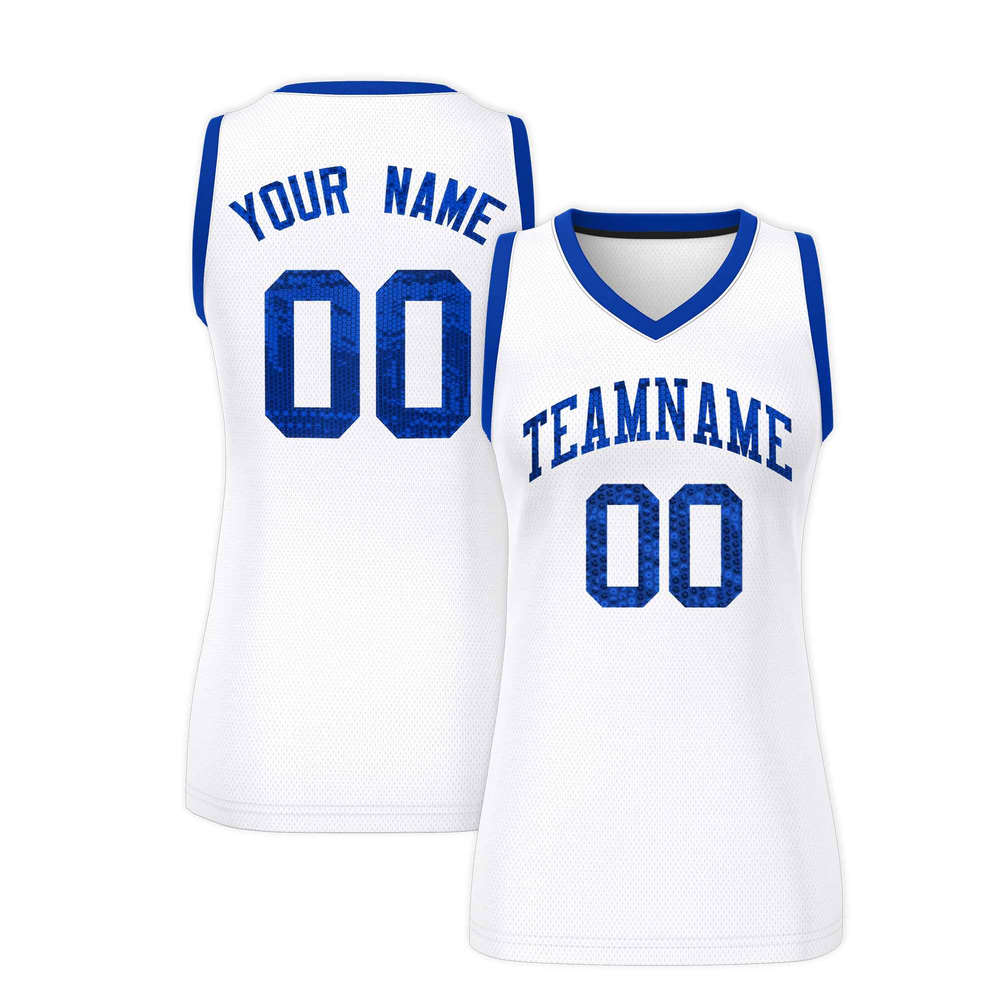 Custom White Royal Women Basketball Jersey Sequined Dress