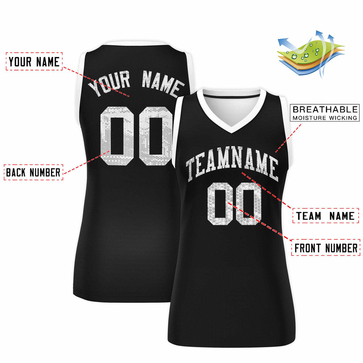 Custom Black White Women Basketball Jersey Sequined Dress