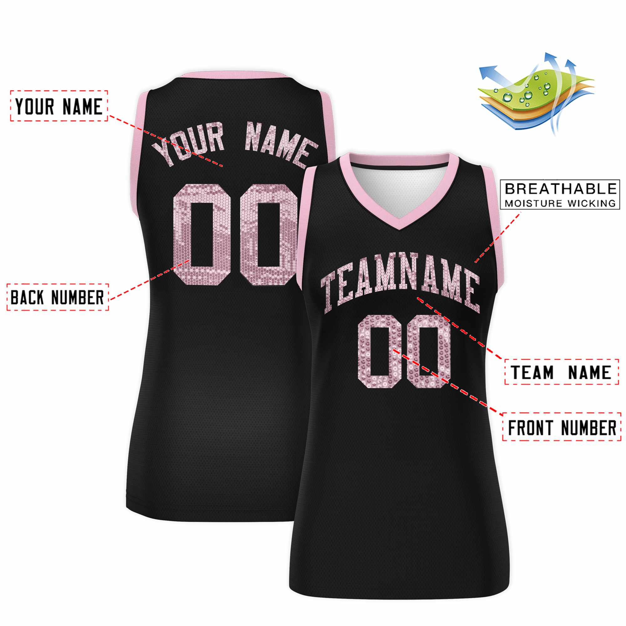 Custom Black Light Pink Women Basketball Jersey Sequined Dress