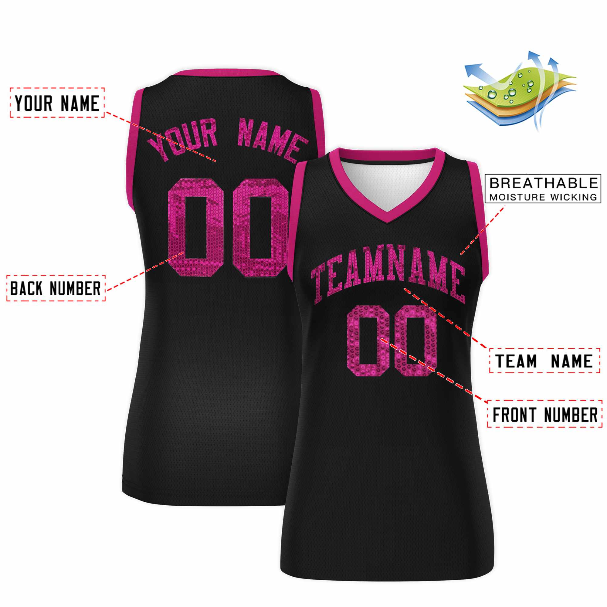 Custom Black Pink Women Basketball Jersey Sequined Dress