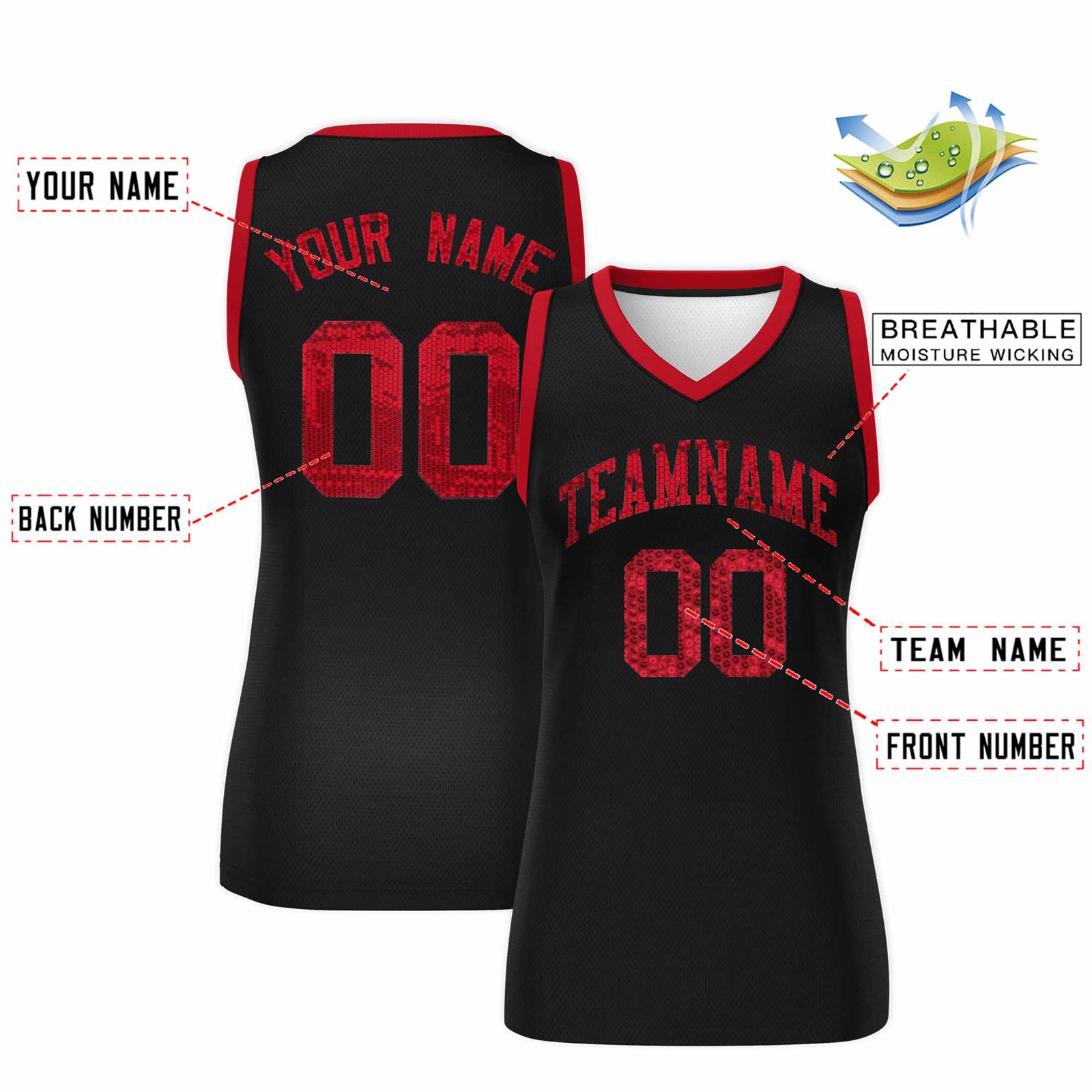 Custom Black Red Women Basketball Jersey Sequined Dress