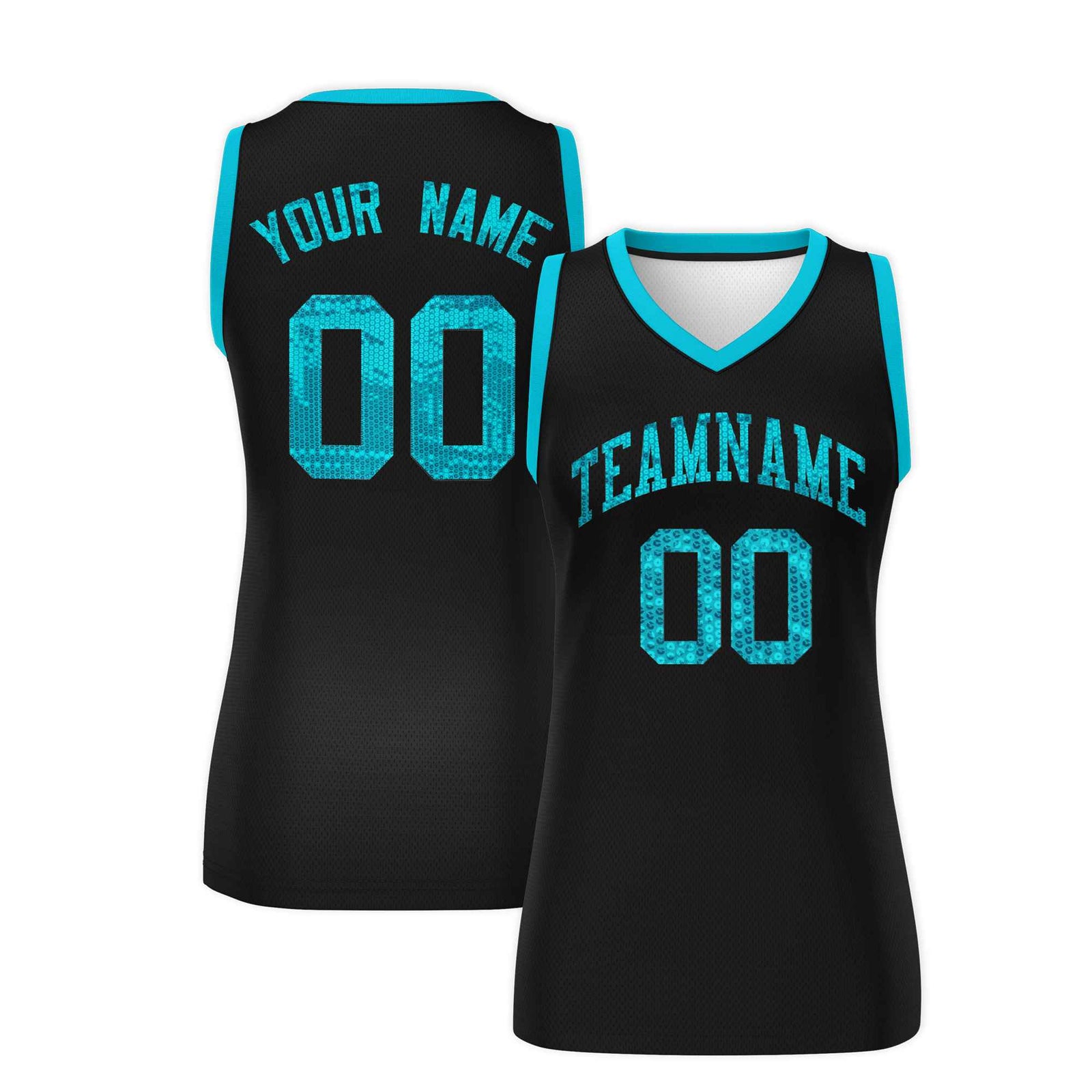 Custom Black Sky Blue Women Basketball Jersey Sequined Dress
