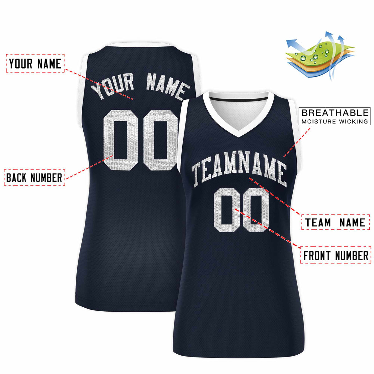 Custom Navy White Women Basketball Jersey Sequined Dress