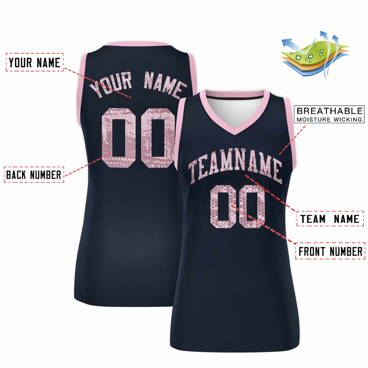 Custom Navy Light Pink Women Basketball Jersey Sequined Dress