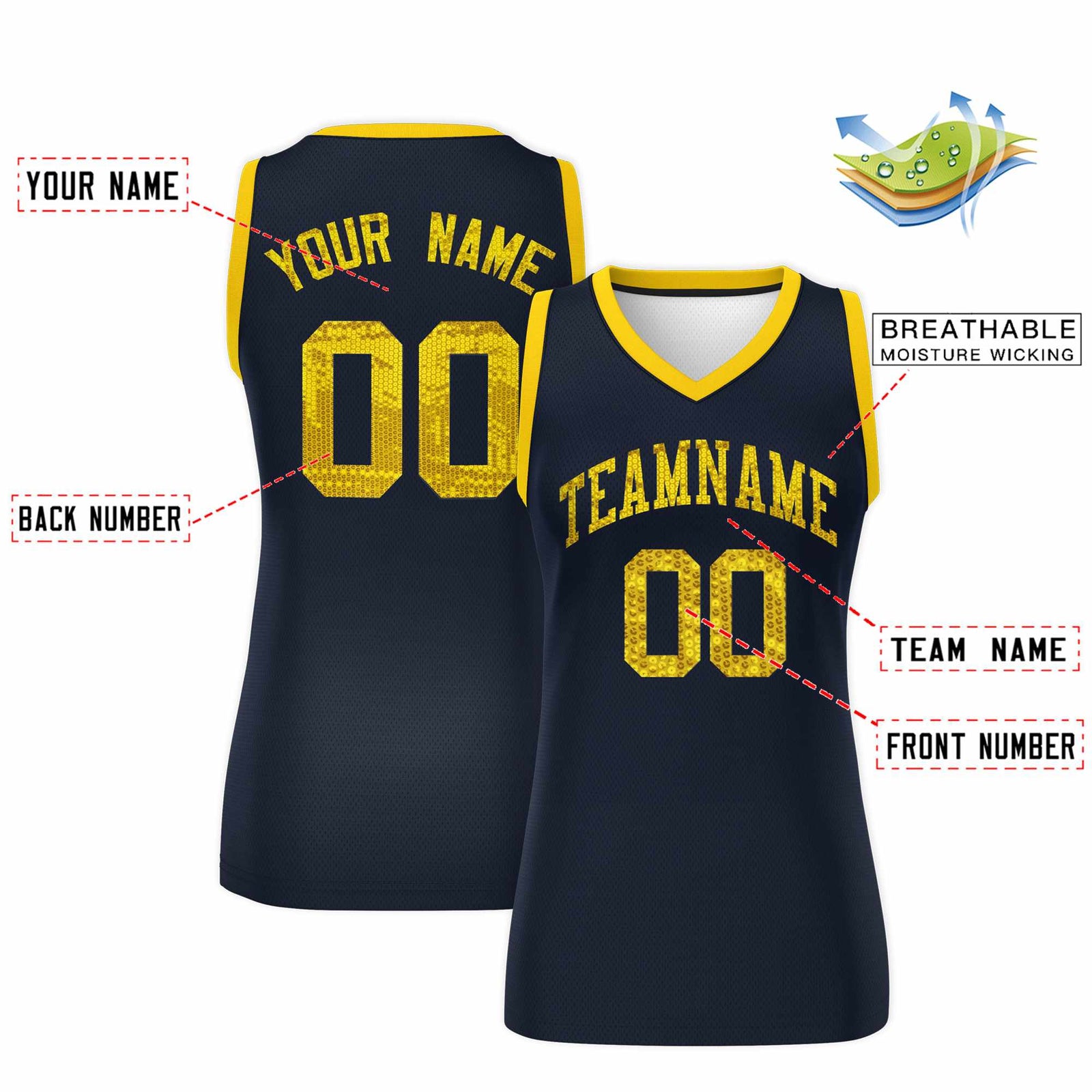 Custom Navy Gold Women Basketball Jersey Sequined Dress