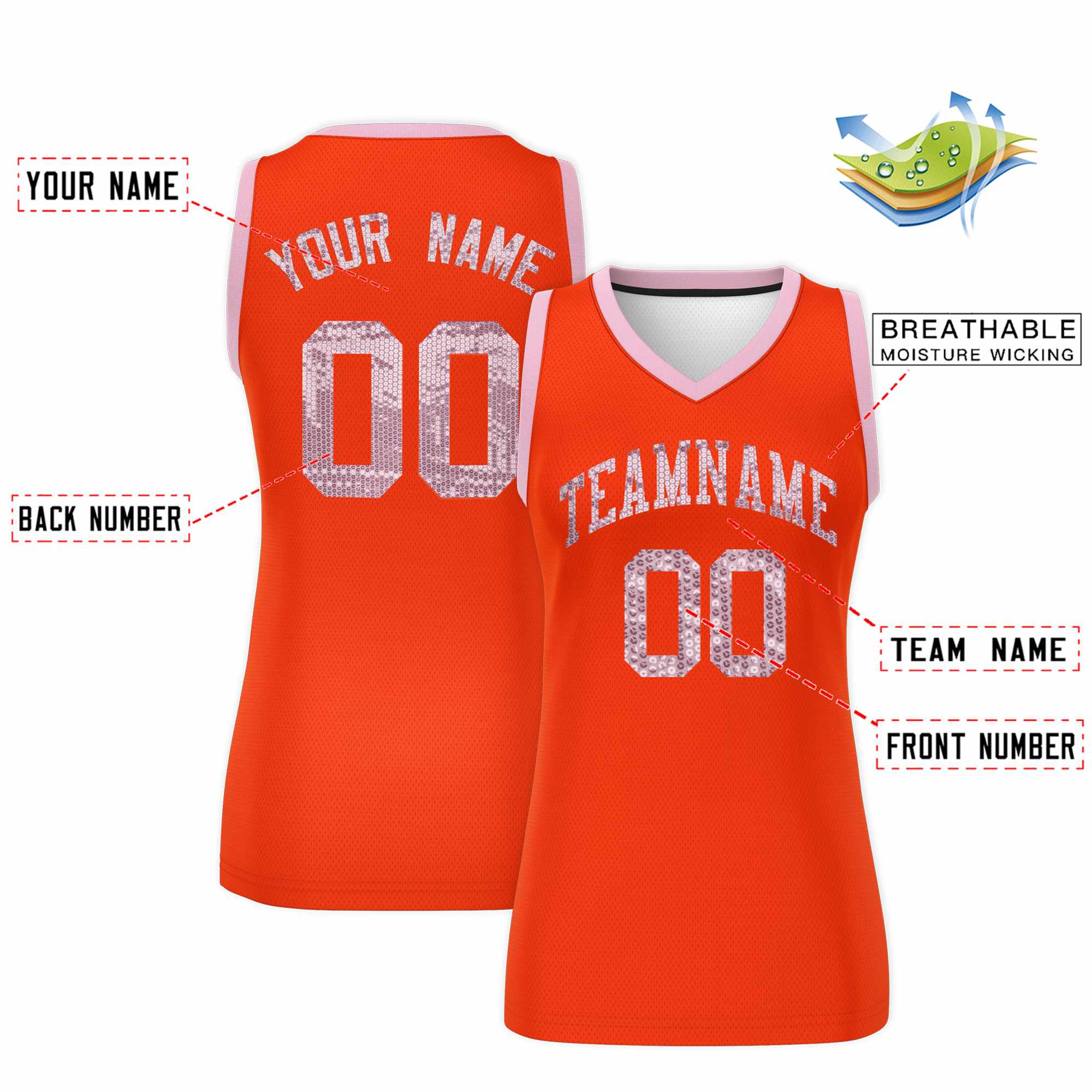Custom Orange Light Pink Women Basketball Jersey Sequined Dress