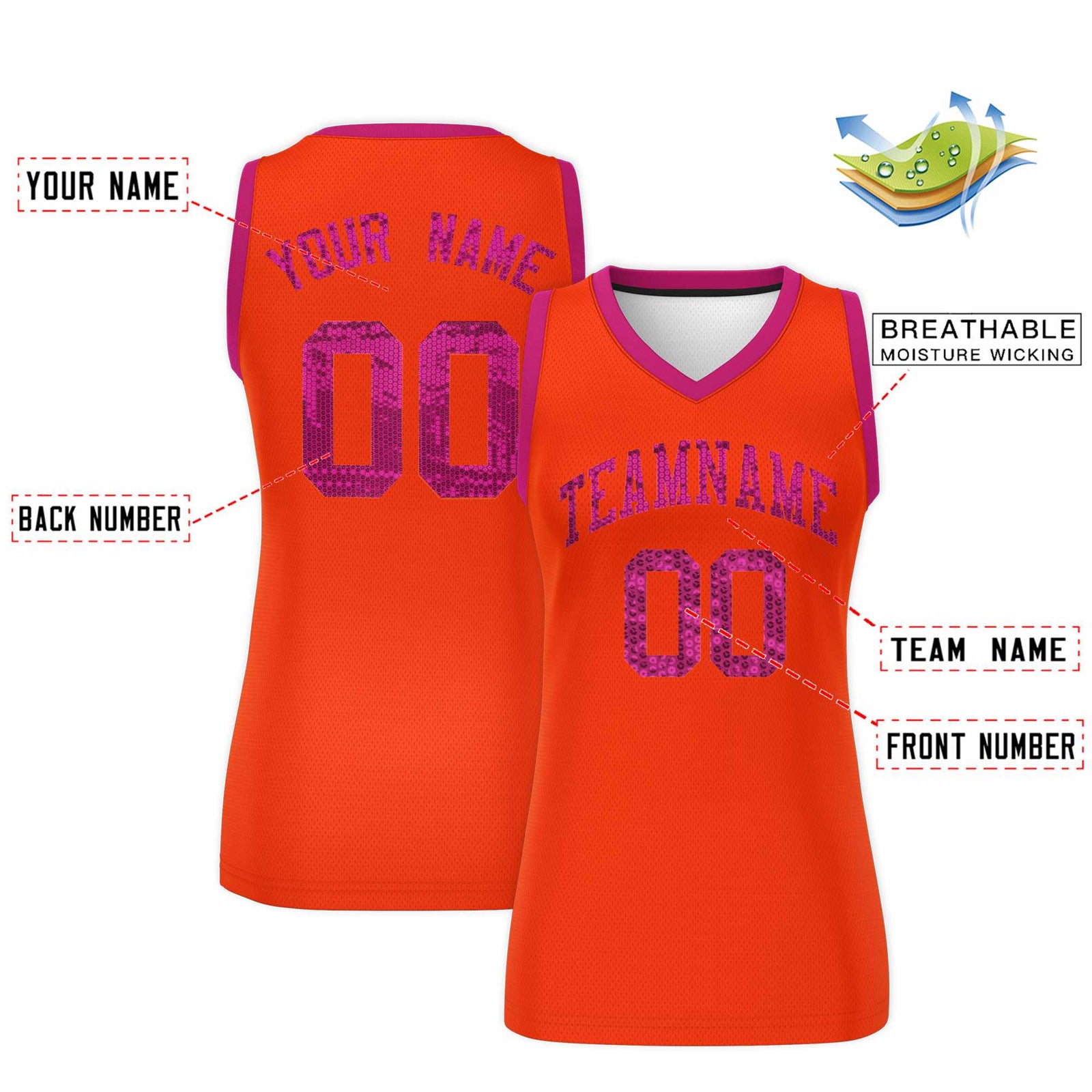 Custom Orange Pink Women Basketball Jersey Sequined Dress
