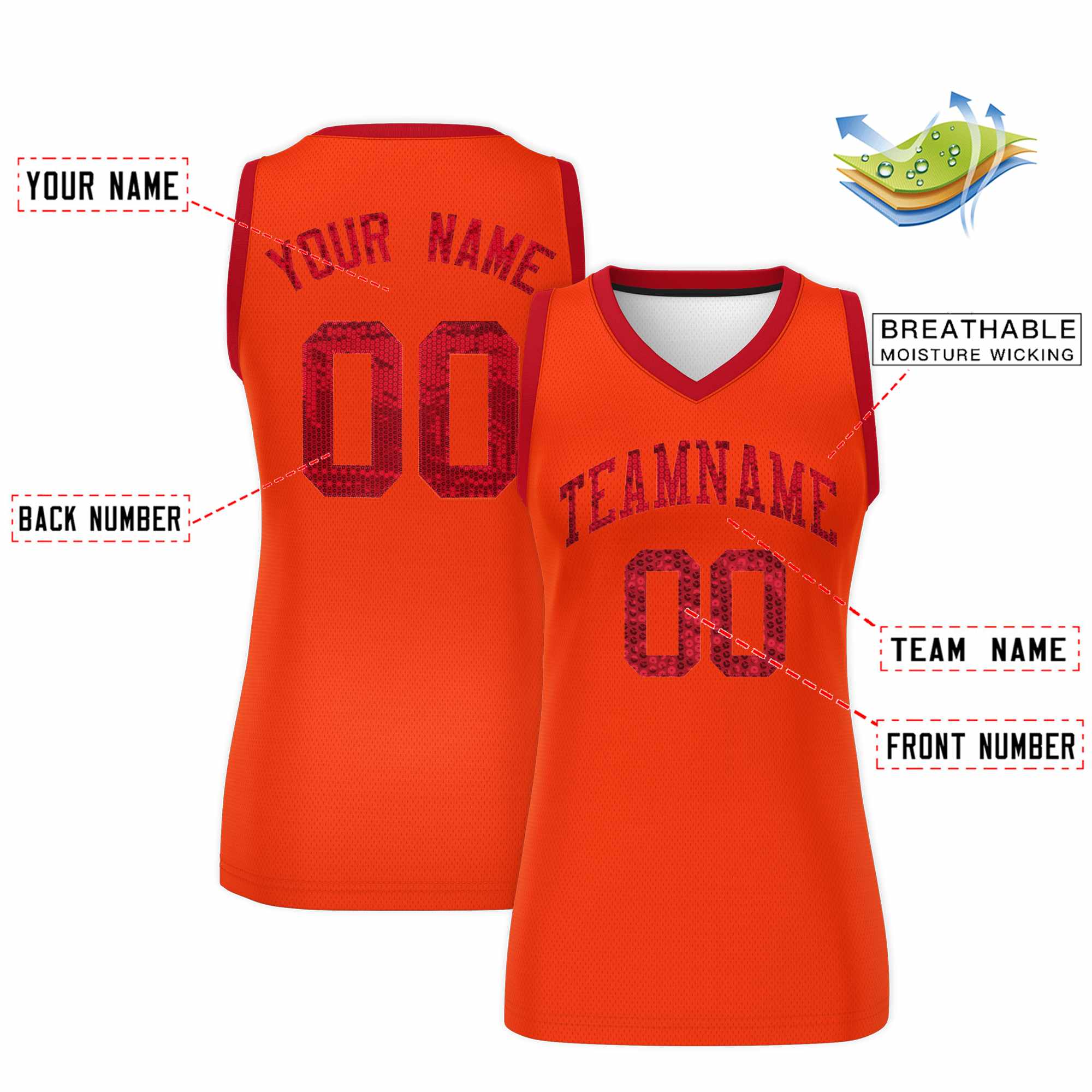 Custom Orange Red Women Basketball Jersey Sequined Dress
