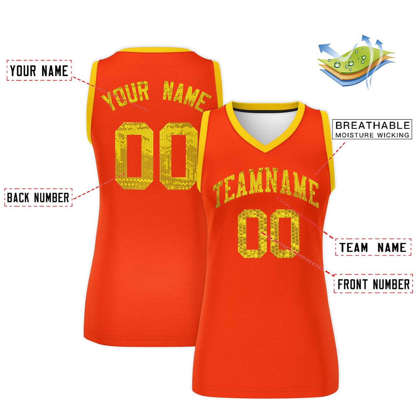 Custom Orange Gold Women Basketball Jersey Sequined Dress