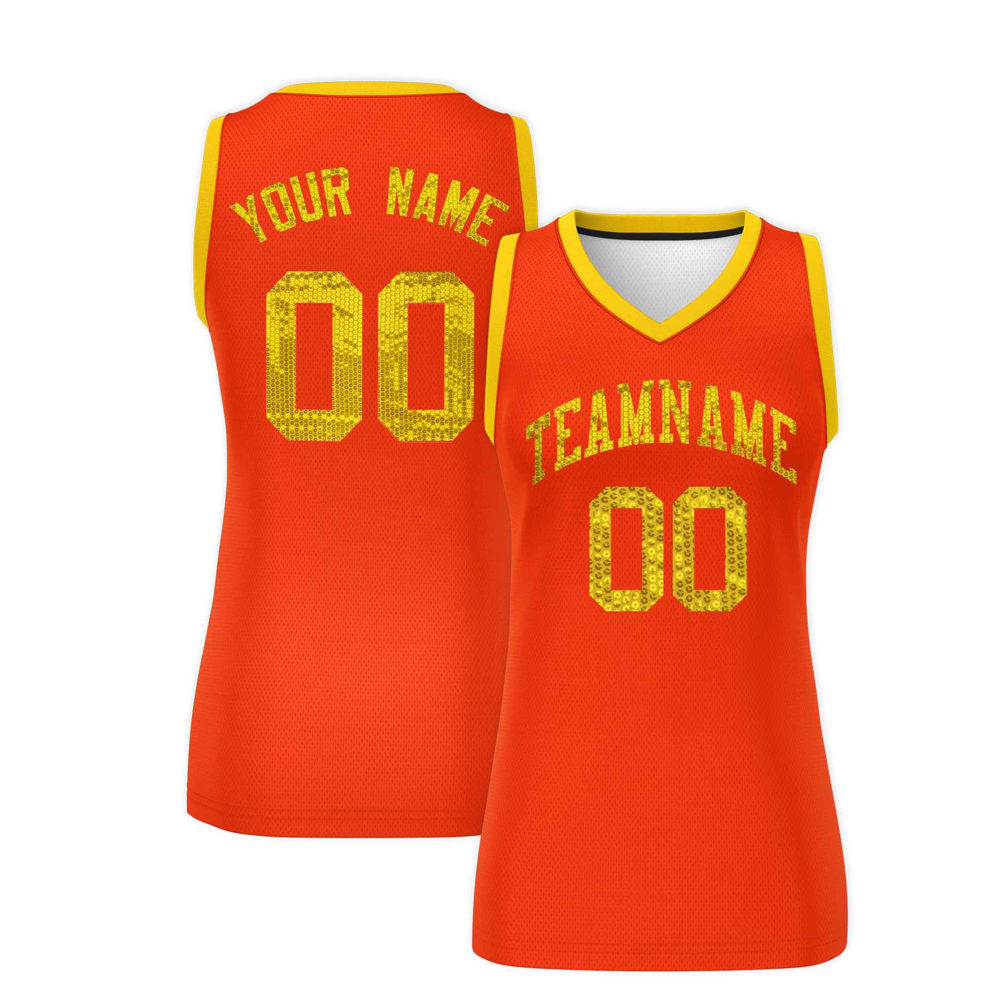 Custom Orange Gold Women Basketball Jersey Sequined Dress
