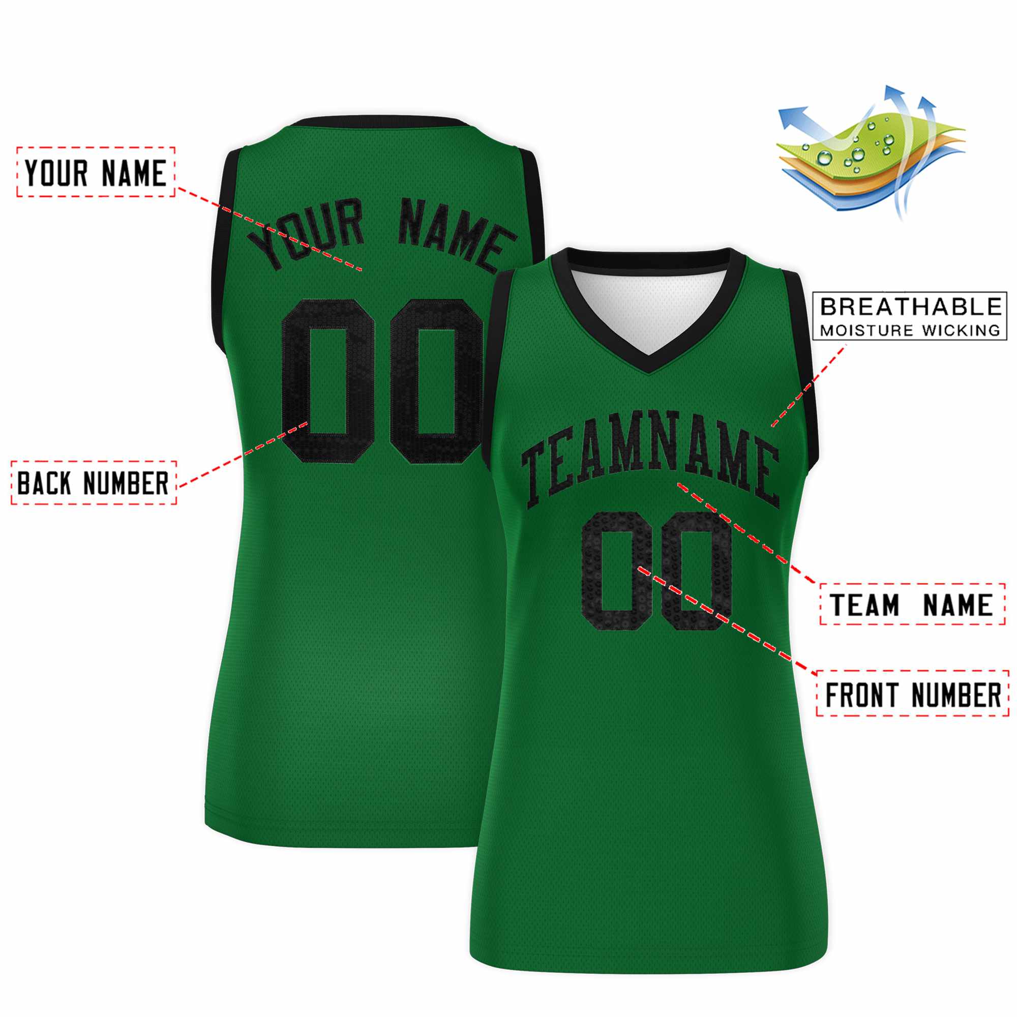 Custom Kelly Green Black Women Basketball Jersey Sequined Dress