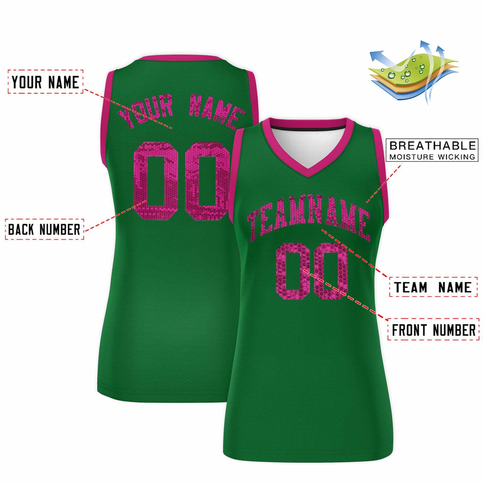 Custom Kelly Green Pink Women Basketball Jersey Sequined Dress