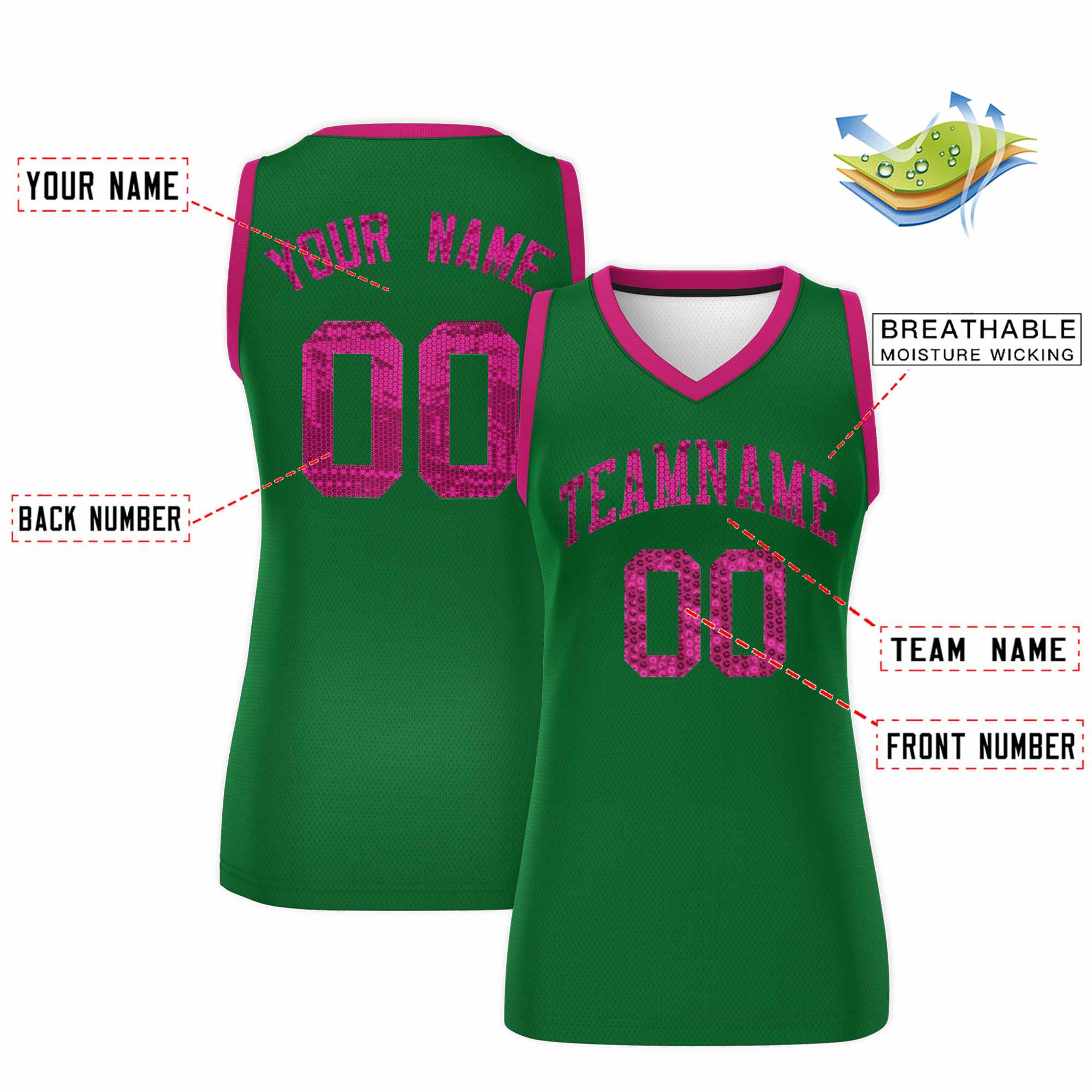 Custom Kelly Green Pink Women Basketball Jersey Sequined Dress