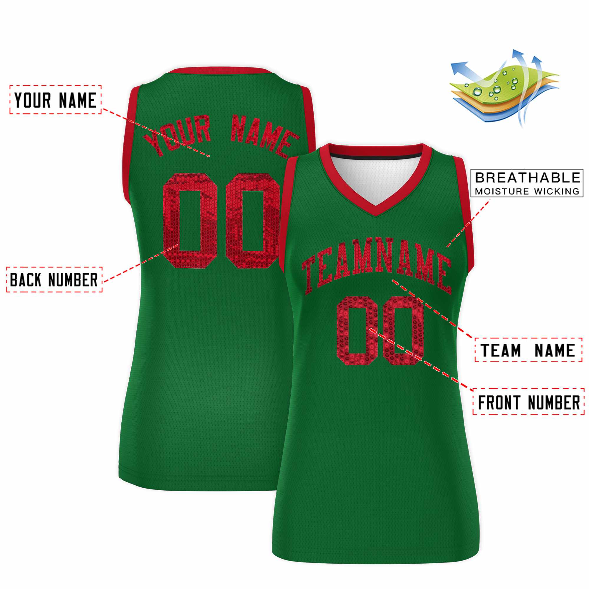 Custom Kelly Green Red Women Basketball Jersey Sequined Dress