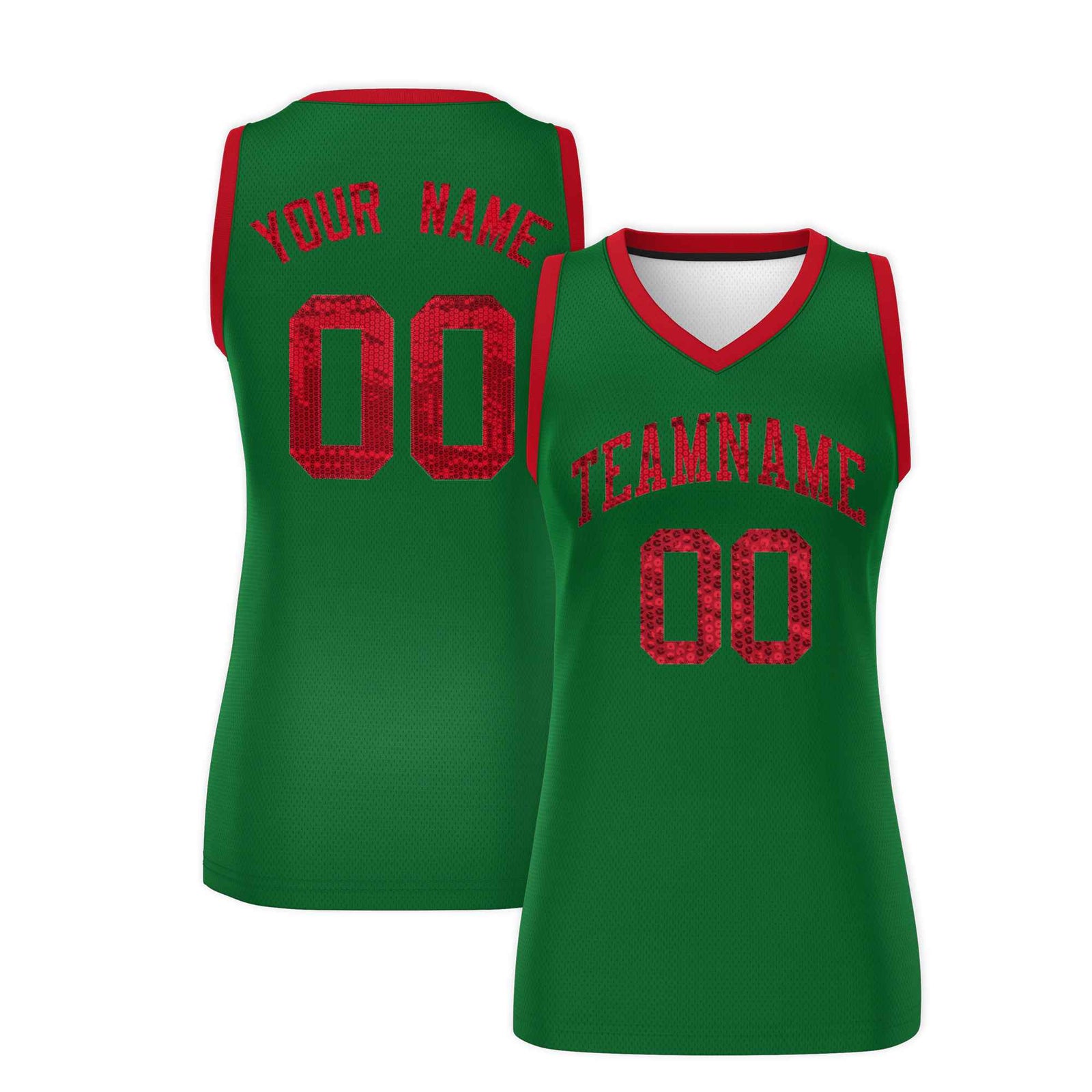 Custom Kelly Green Red Women Basketball Jersey Sequined Dress